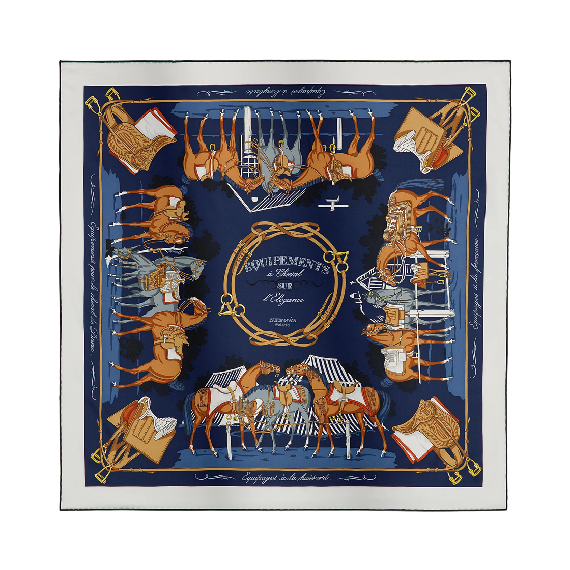 (W) 에르메스 에키프망 아 슈발 쉬르 렐레강스 스카프 70 실크 & 블루 마린 블랑 알장((W) Hermes Equipements A Cheval Sur L'Elegance Scarf 70 Silk & Bleu Marine Blanc Alezan) - 1