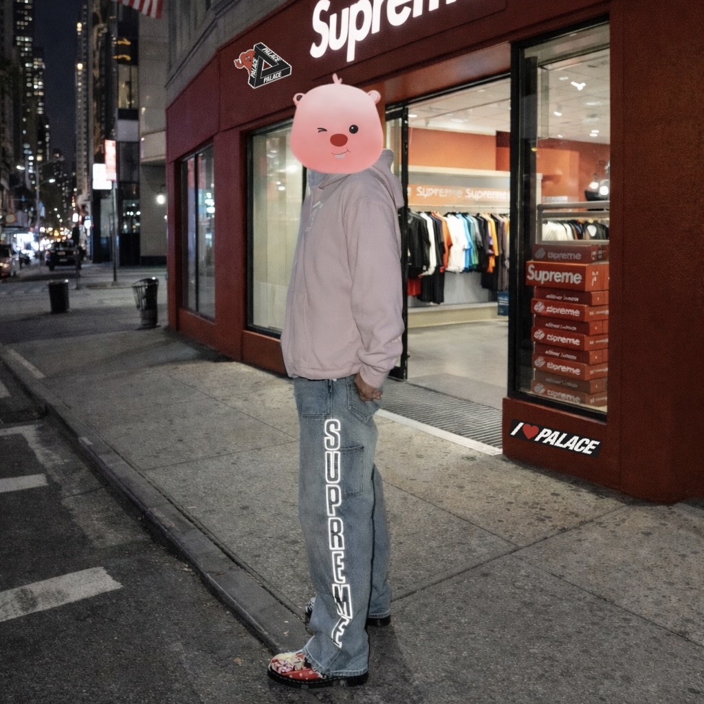 Palace Rose P3 Hood Lush Flush - 25SS, Supreme Reflective Double Knee Pants Denim - 25FW 착용 스타일 - 1