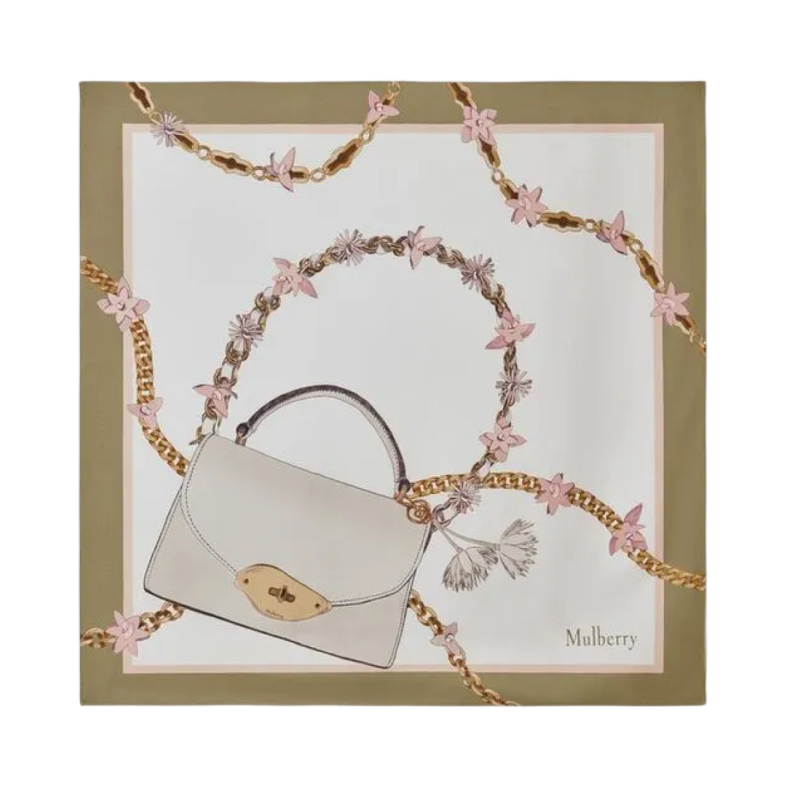 (W) 멀버리 라나 백 & 체인 스퀘어 실크 트윌 스카프 에그쉘 블라썸 핑크((W) Mulberry Lana Bag & Chains Square Silk Twill Scarf Eggshell Blossom Pink)