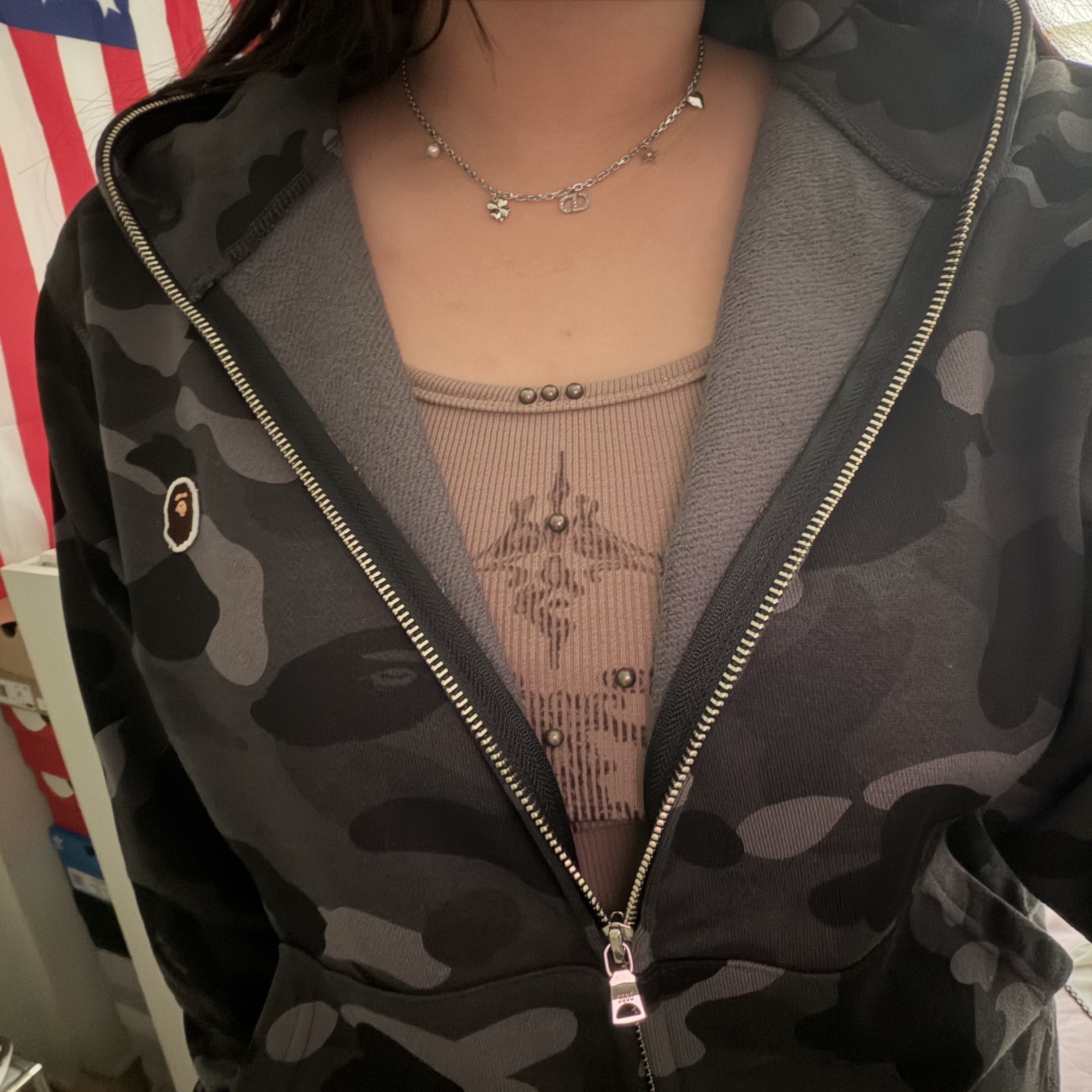 BAPE One Point Color Camo Cropped Full Zip Hoodie Black, (W) Dior Petit CD Lucky Charms Necklace Palladium Finish Metal White Resin Pearl Silver Tone Crystals 착용 스타일