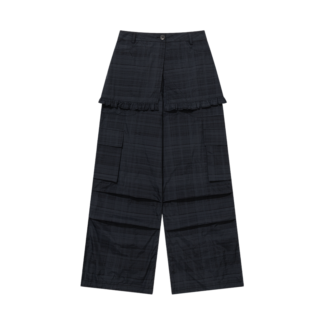 NSV024 UGLYSHADOW Ruffle Checkered Skirt Cargo Pants Black