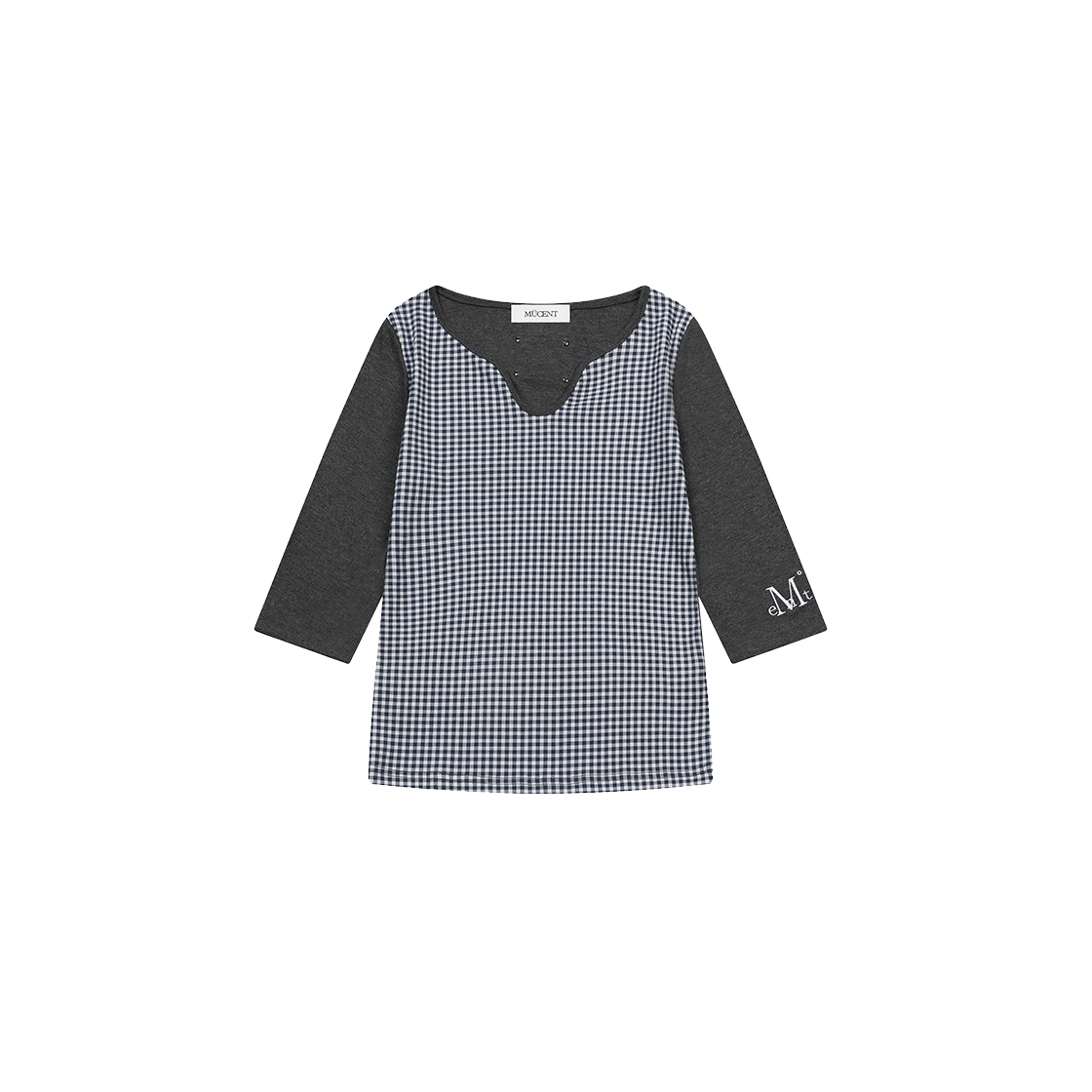 무센트 라피아 브이넥 7부 티 (2컬러) 블루-체크(MUCENT Raphia V-Neck Sleeve T (2Color) Blue-Check)