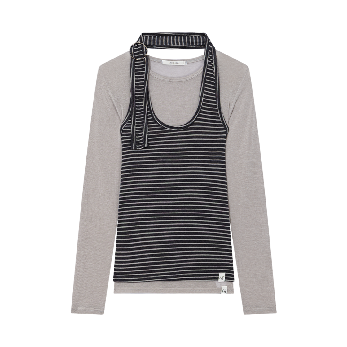 어글리쉐도우 스트라이프 홀터넥 레이어드 티셔츠 챠콜(UGLYSHADOW Striped Halter Neck Layered T-shirt Charcoal)