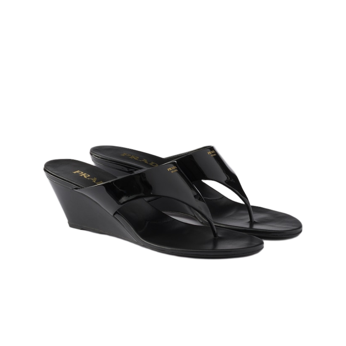 (W) 프라다 페이턴트 레더 통 샌들 블랙((W) Prada Patent Leather Thong Sandals Black) - 2