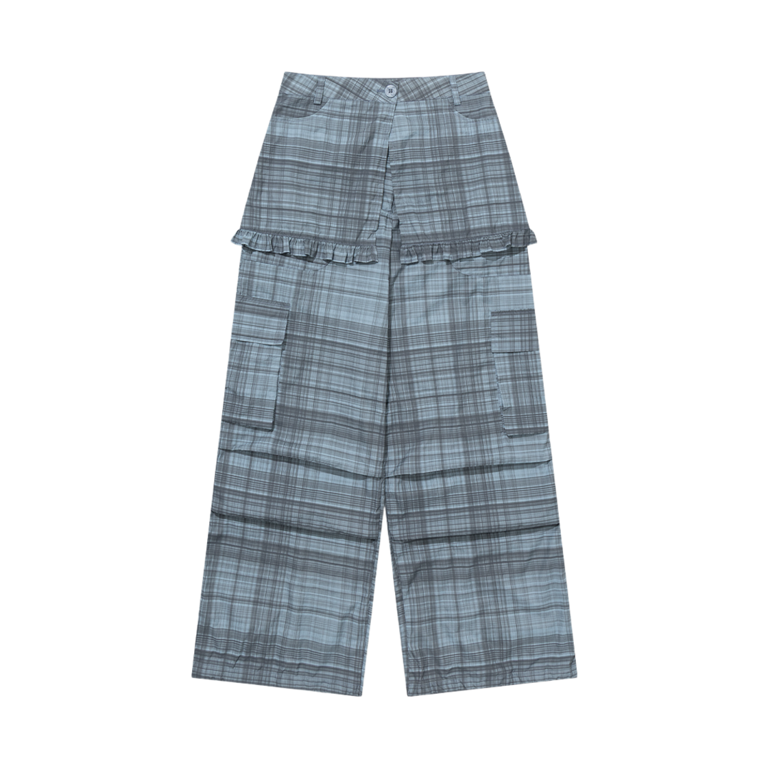 NSV023 UGLYSHADOW Ruffle Checkered Skirt Cargo Pants Blue