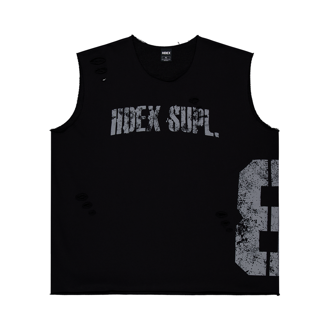 에이치덱스 넘버8 컷오프 데미지 슬리브리스 블랙(HDEX Number 8 Cut-Off Damage Sleeveless Black)