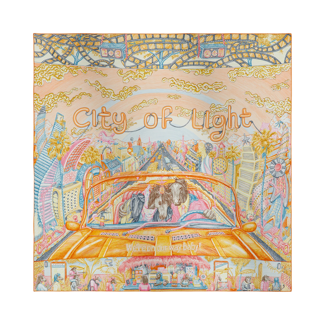 (W) 에르메스 시티 오브 라이트 스카프 90 실크 트윌 & 오랑쥬 페트롤 비유 로즈