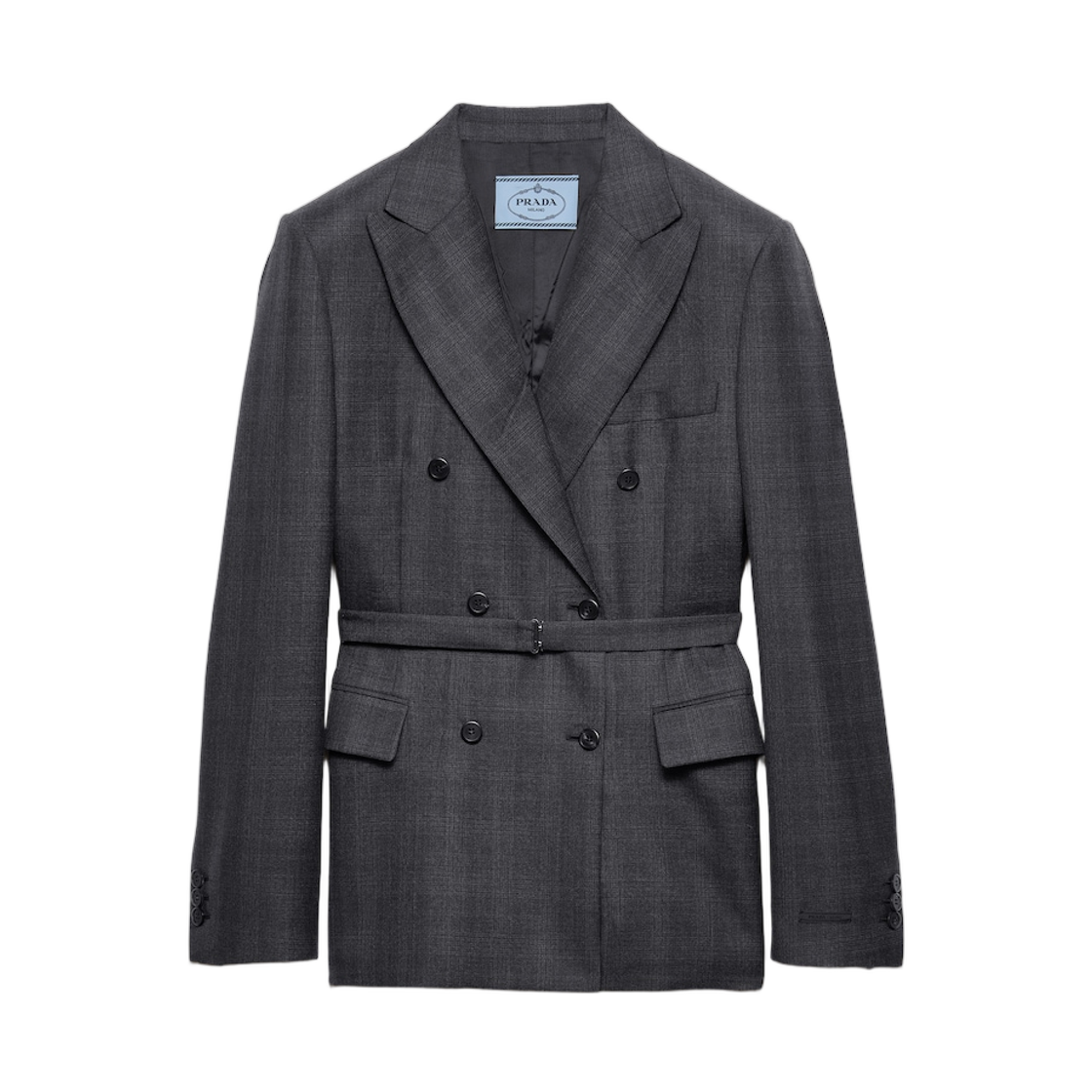 P595PH-1N01-F0308 Prada Double-Breasted Checked Wool Jacket Anthracite Gray