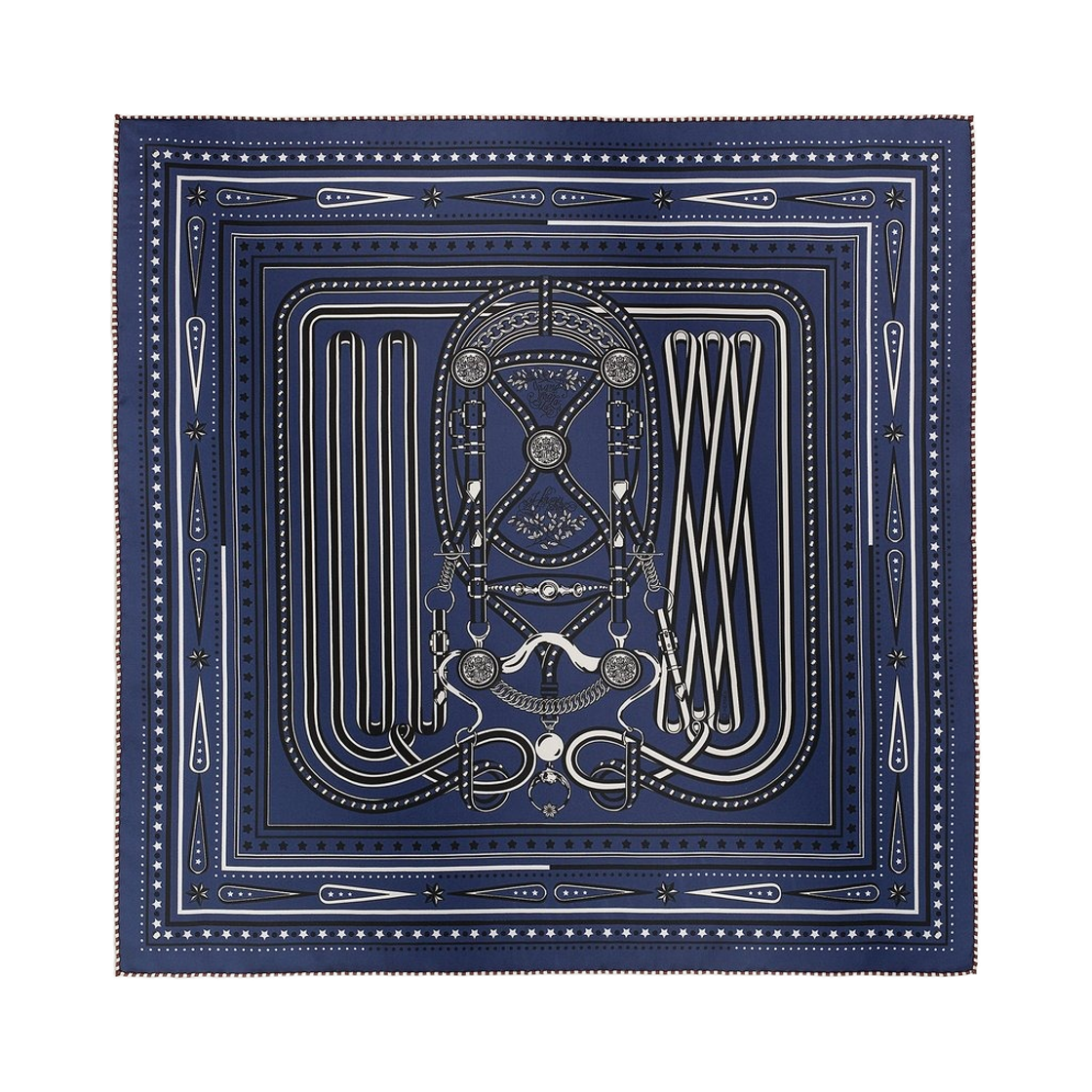 H044286S04 (W) Hermes Grand Tralala Bandana 55 Silk Twill & Bleu Marine Blanc Bourgogne