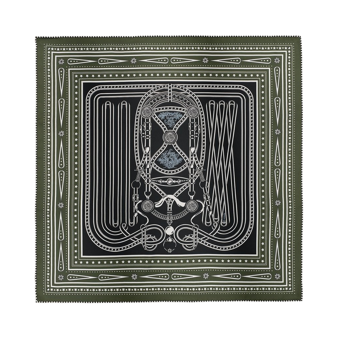 H044286S03 (W) Hermes Grand Tralala Bandana 55 Silk Twill & Kaki Fonce Noir Blanc