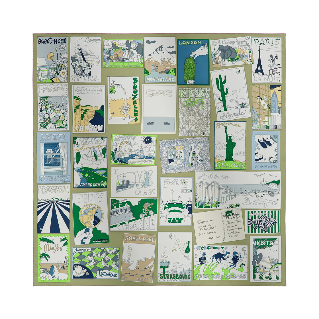 H004298S04 (W) Hermes On Est Bien Ici Scarf 90 Silk Twill & Kaki Blanc Bleu Glacier