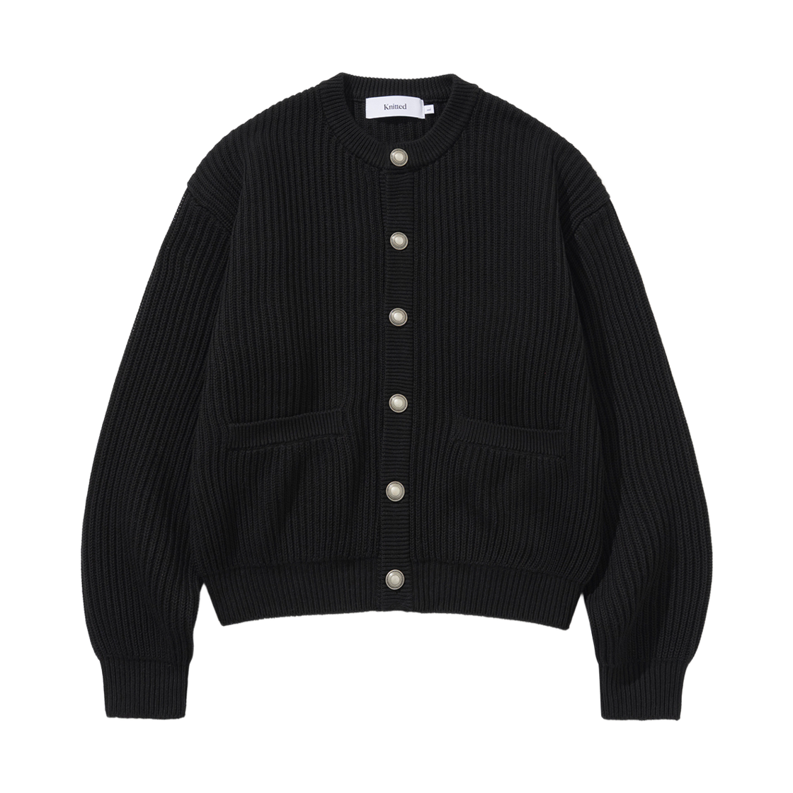 니티드 헤비 와플 실버 버튼 라운드 가디건 블랙(Knitted Heavy Waffle Silver Button Round Cardigan Black)