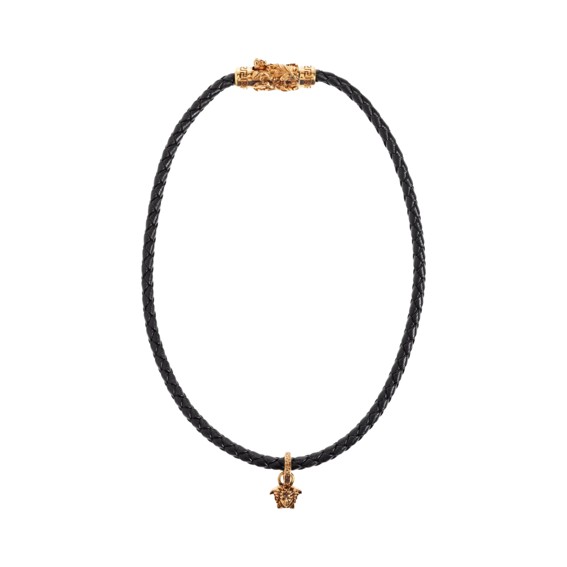 1021598-1A00637-1B460 Versace Medusa Braided Leather Necklace Black Gold