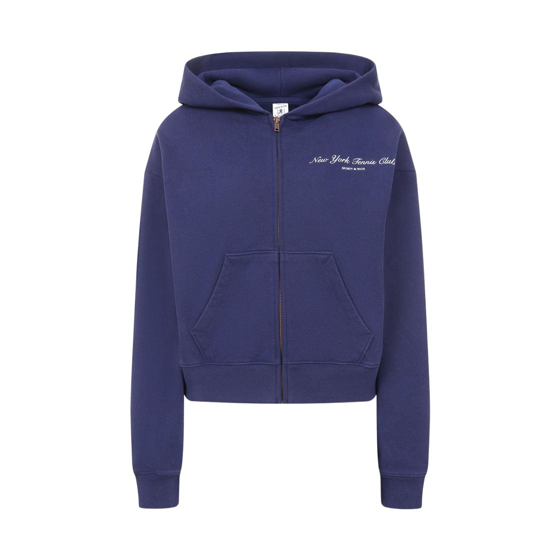 (W) 스포티 앤 리치 NY 테니스 클럽 크롭 집 후드 다크 네이비((W) Sporty & Rich NY Tennis Club Cropped Zip Hoodie Dark Navy)