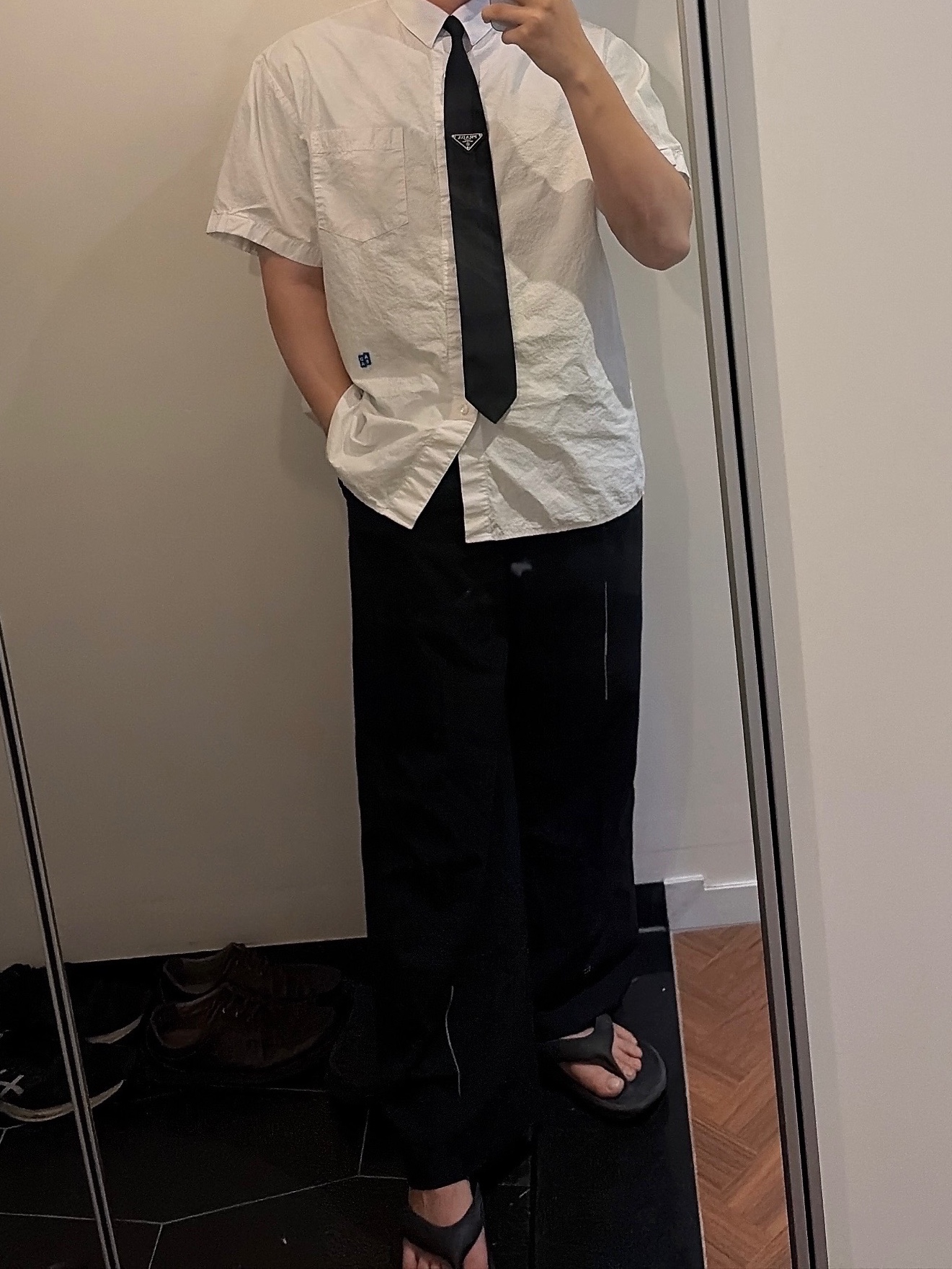 Ader Error Sig; BL Tag Half Sleeve Shirt 01 White, Zara x Ader Error Wide Pants Black 착용 스타일 - 3