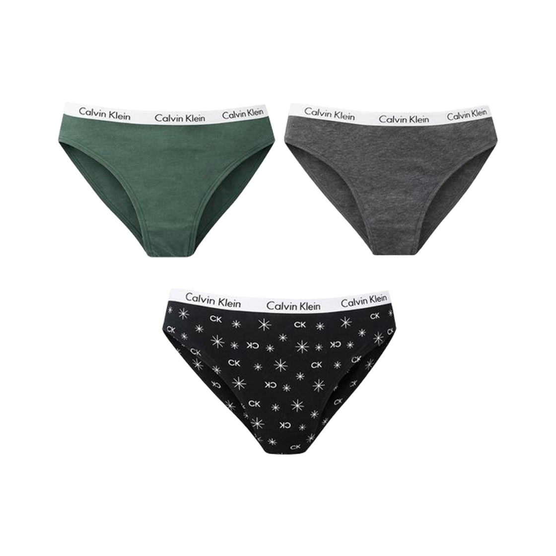 (W) 캘빈 클라인 캐러셀 코튼 스트레치 3팩 비키니 브리프 그린 블랙((W) Calvin Klein Carousel Cotton Stretch 3-pack Bikini Briefs Green Black) - 1