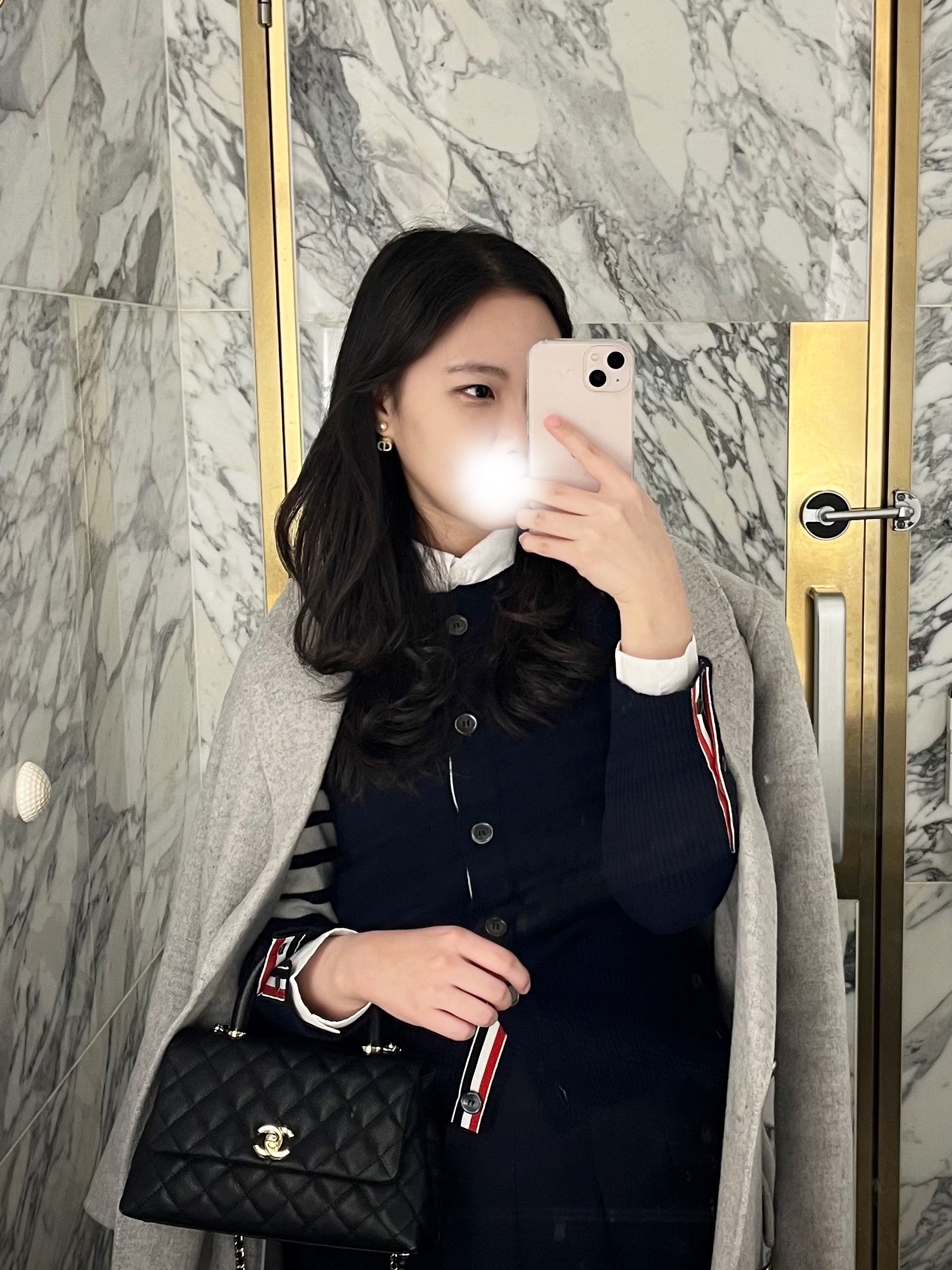 (W) Dior Tribales Earrings Gold Finish Metal White Resin Pearls Silver Tone Crystals, (W) Thom Browne Merino Wool 4-Bar Rose Icon Cardigan Navy 착용 스타일 - 2