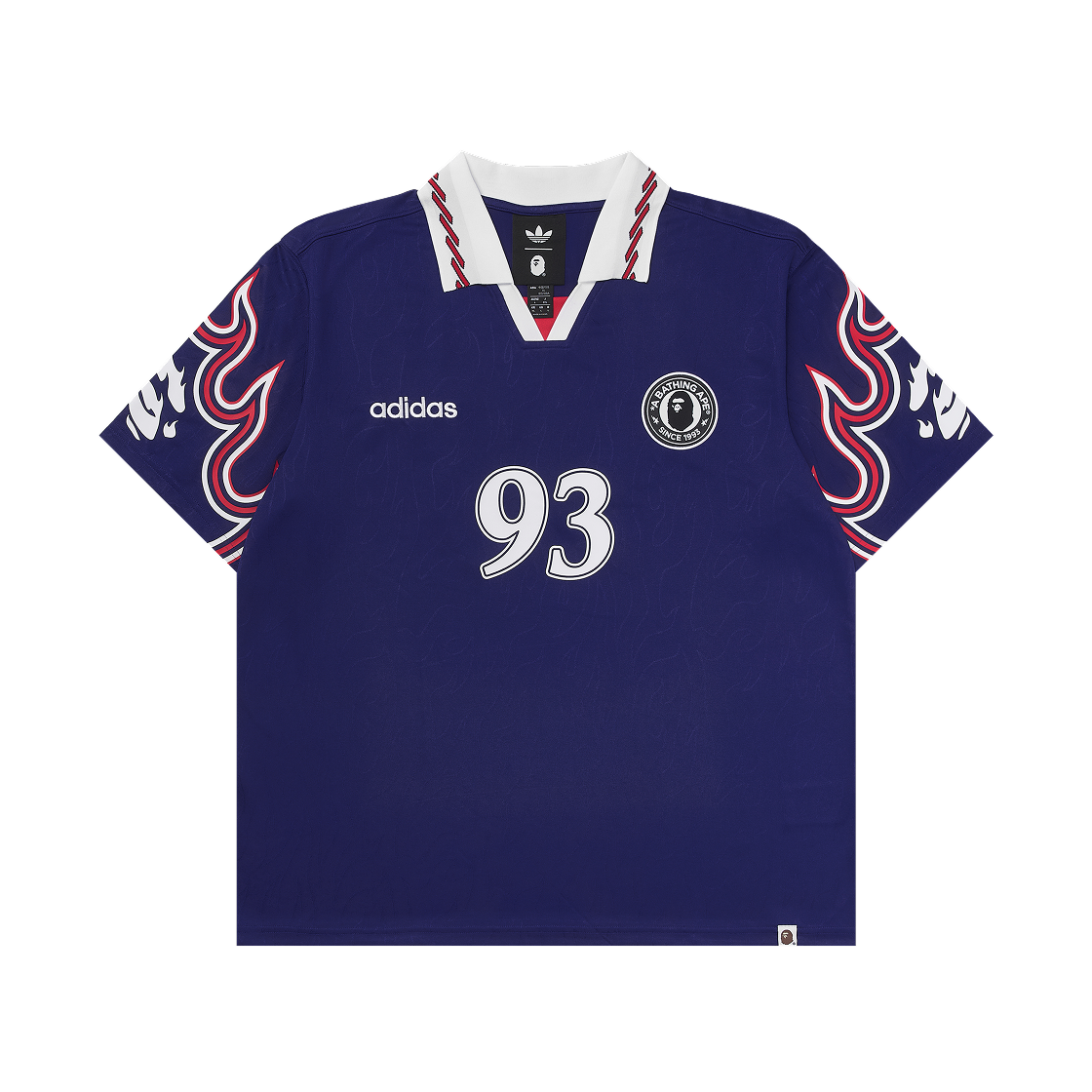 아디다스 x 베이프 숏슬리브 플레임 저지 재팬 블루 - US 사이즈 (논 마킹 버전)(Adidas x BAPE Short Sleeve Flames Jersey Japan Blue - US Sizing (Non Marking Ver.))