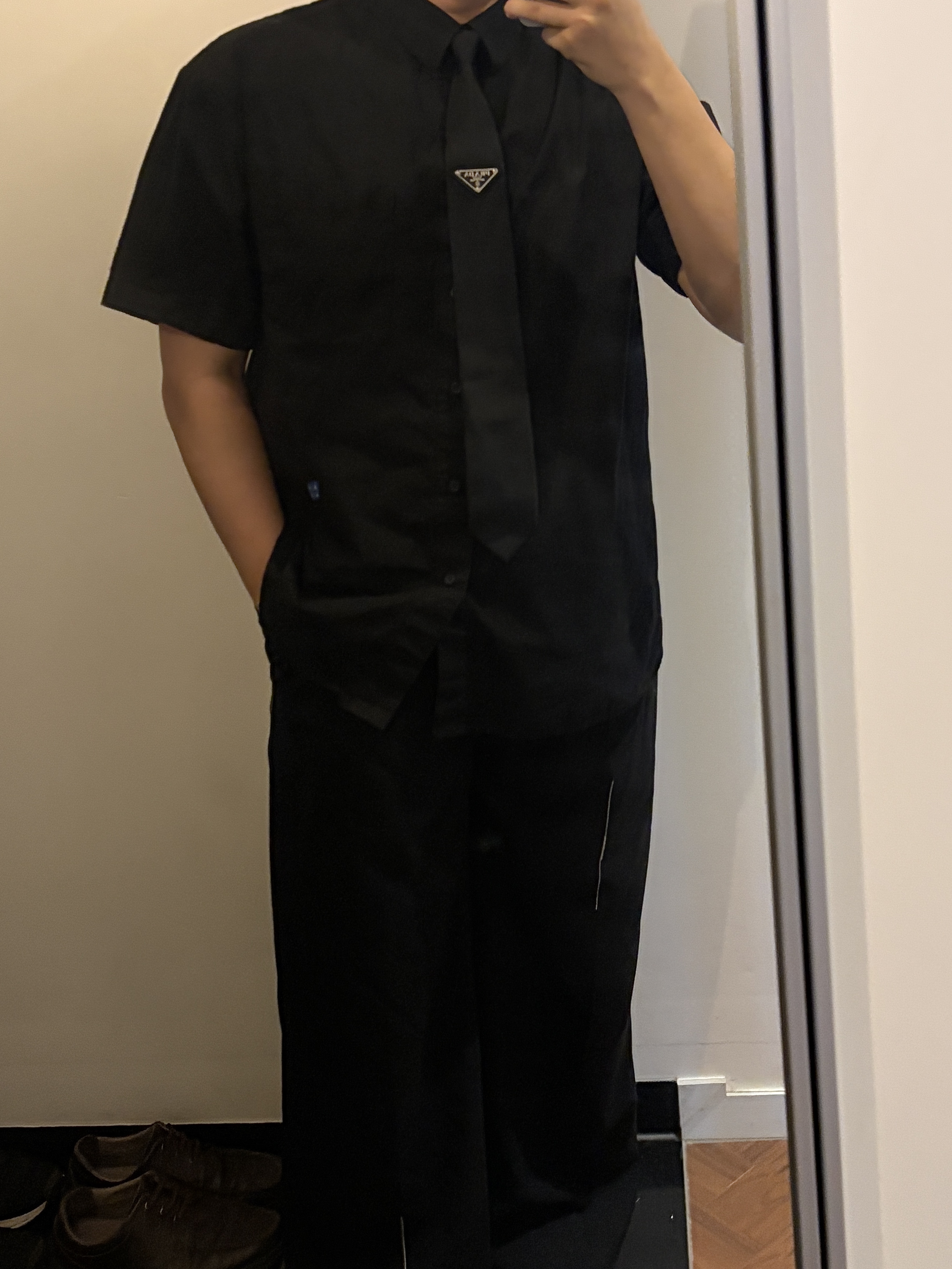 Ader Error Sig; BL Tag Half Sleeve Shirt 01 White, Zara x Ader Error Wide Pants Black 착용 스타일 - 5