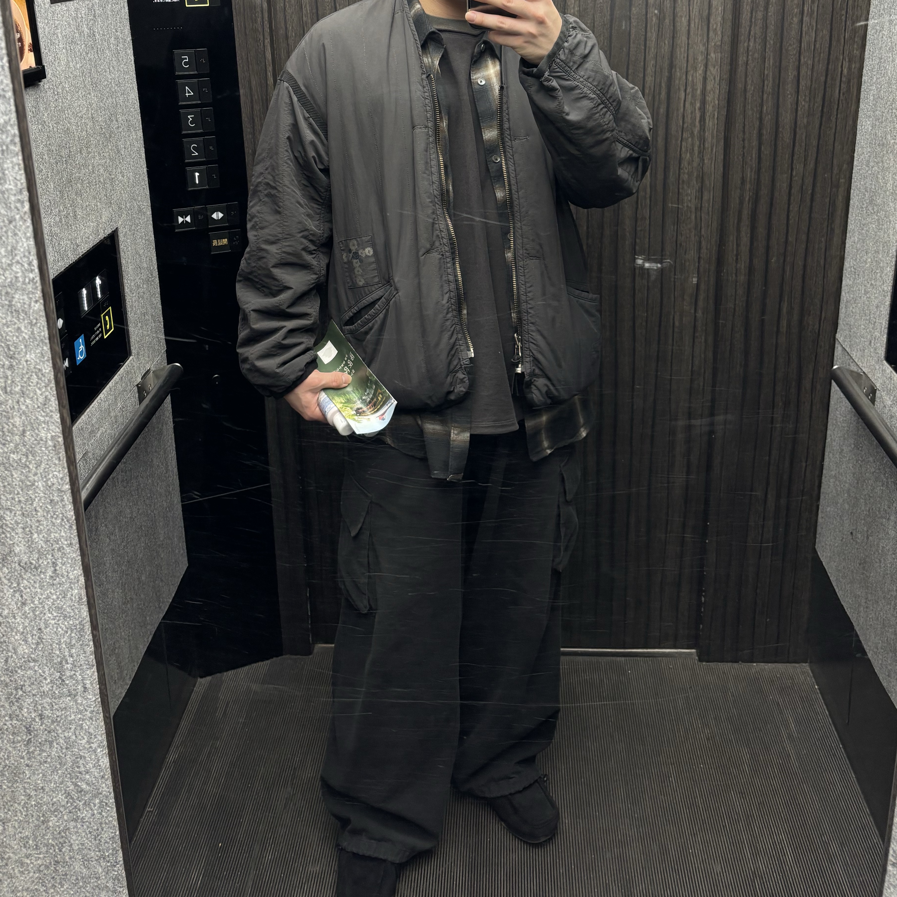 Polyteru Human Index Index Cargo Pants Black, Polyteru Reversible Liner Jacket Black + Charcoal 착용 스타일