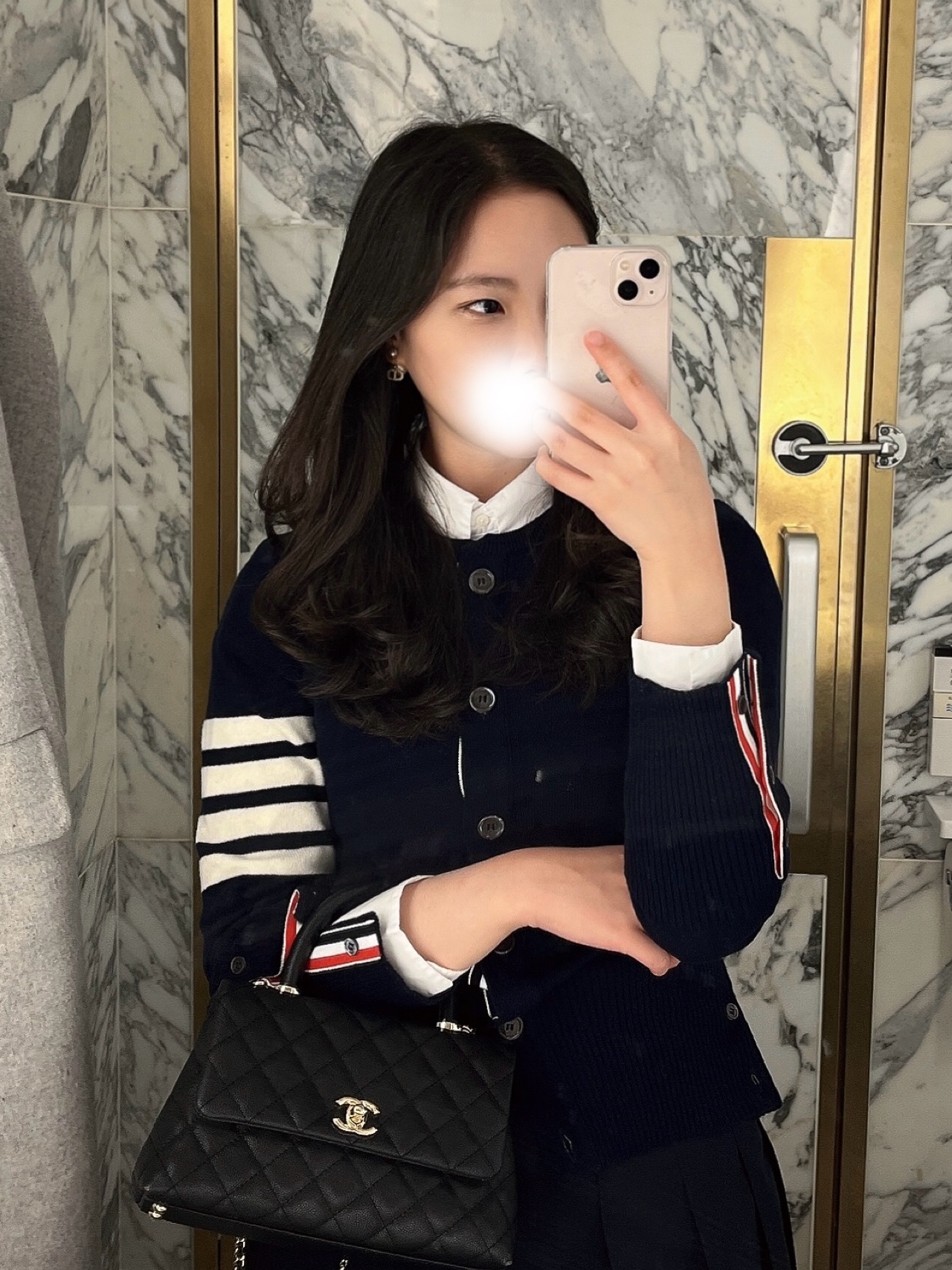 (W) Dior Tribales Earrings Gold Finish Metal White Resin Pearls Silver Tone Crystals, (W) Thom Browne Merino Wool 4-Bar Rose Icon Cardigan Navy 착용 스타일 - 3