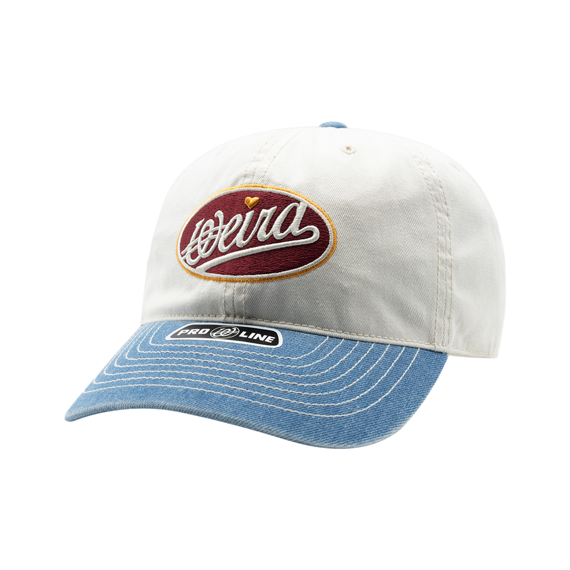 위얼드월드 레드 써클로고 와펜 데님 배색 볼캡(Weird World Red Logo Patch Denim Color Block Baseball Cap)
