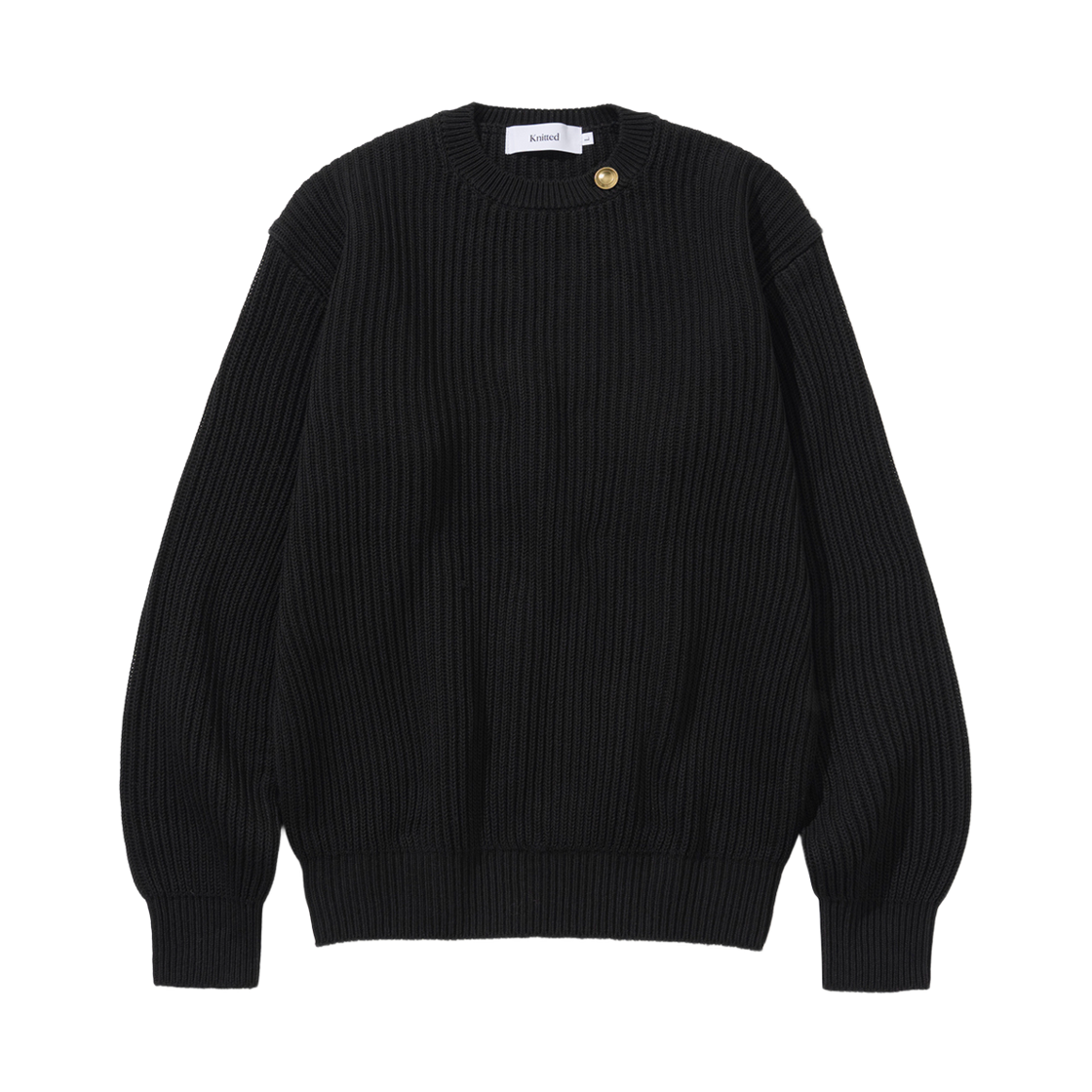 니티드 헤비 와플 골드 버튼 라운드 니트 블랙(Knitted Heavy Waffle Gold Button Round Knit Black)