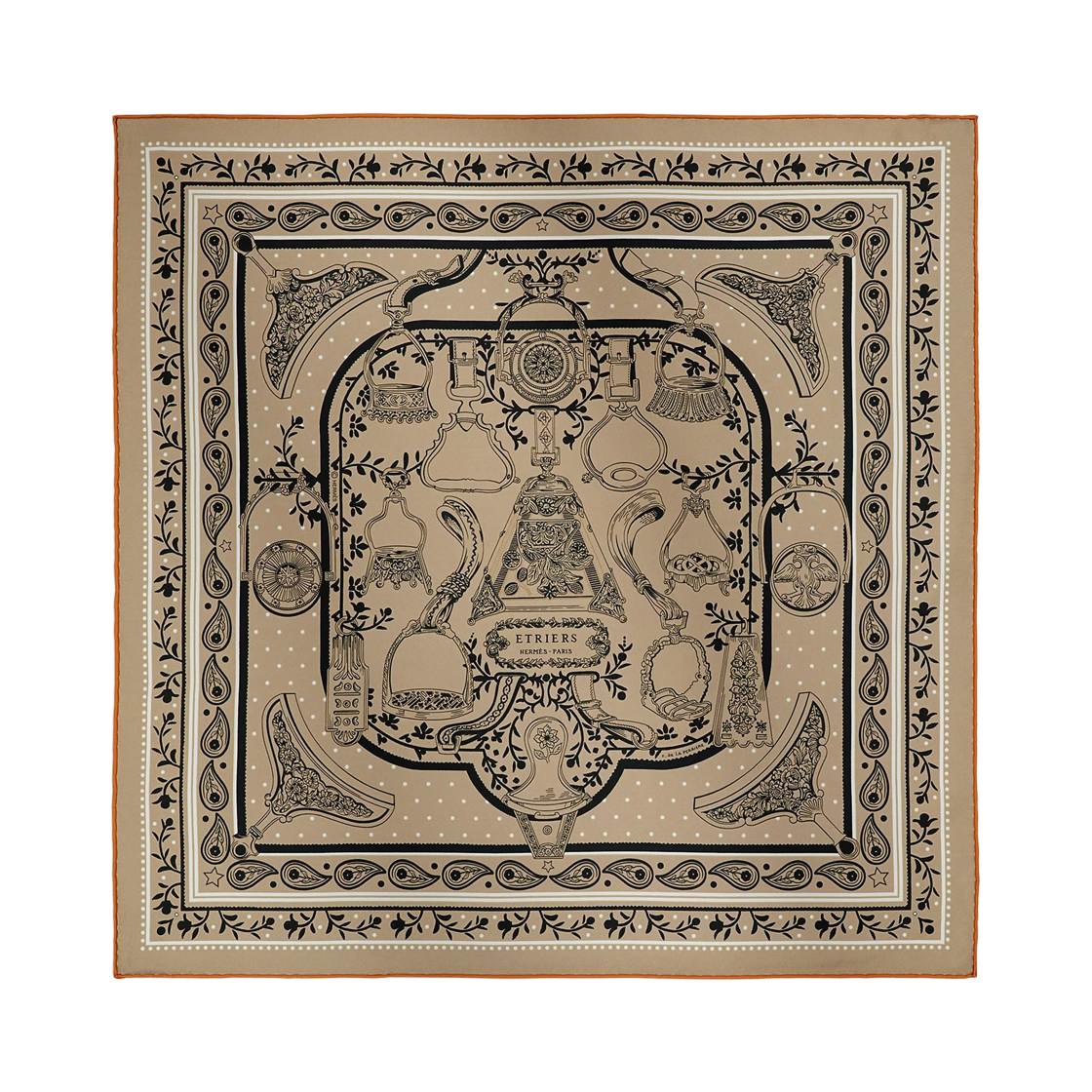 H044351S03 (W) Hermes Etriers Remix Bandana 55 Silk Twill & Beige Dore Noir Blanc