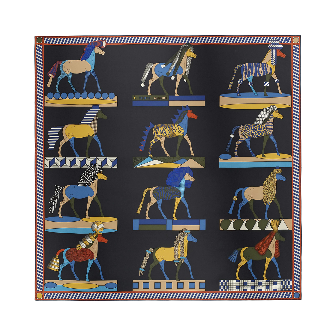 (W) 에르메스 아 투트 알뤼르 스카프 90 실크 트윌 & 누아 비예이 오르 블루((W) Hermes A Toute Allure Scarf 90 Silk Twill & Noir Vieil Or Bleu) - 1