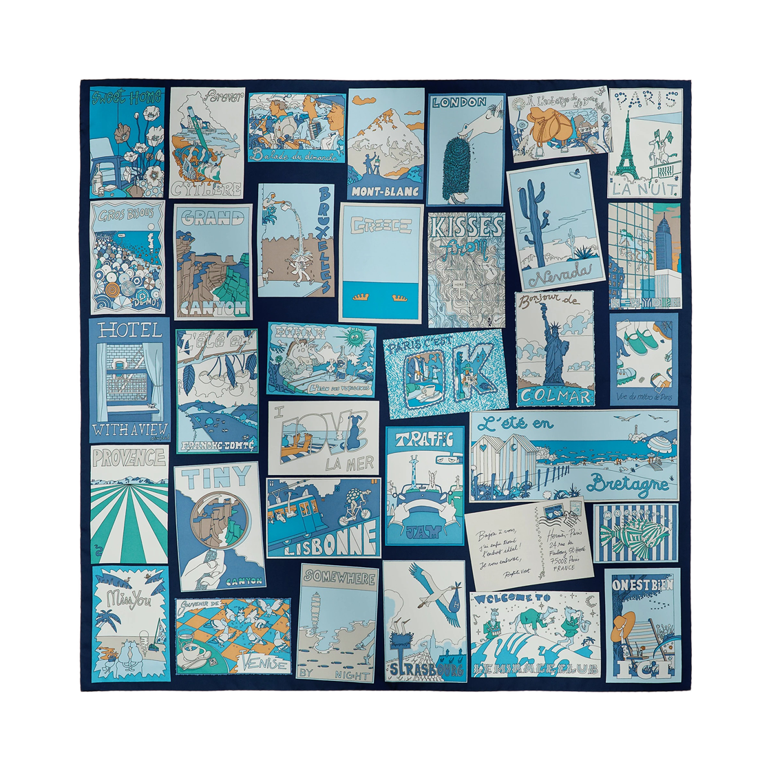 H004298S06 (W) Hermes On Est Bien Ici Scarf 90 Silk Twill & Bleu Marine Turquoise Blanc