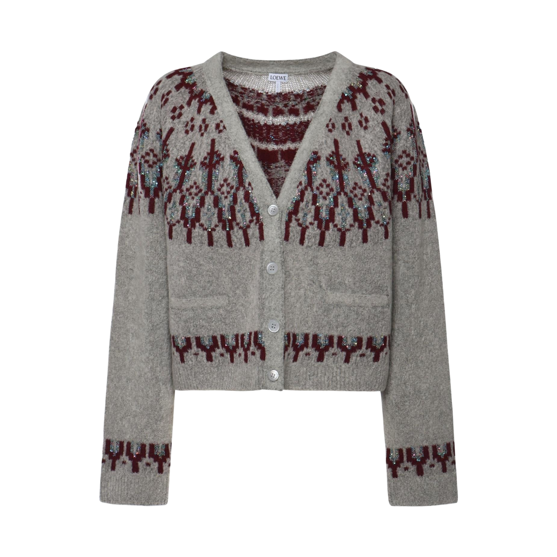 (W) 로에베 울 블렌드 가디건 라이트 그레이 멀티컬러((W) Loewe Cardigan in Wool Blend Light Grey Multicolor)