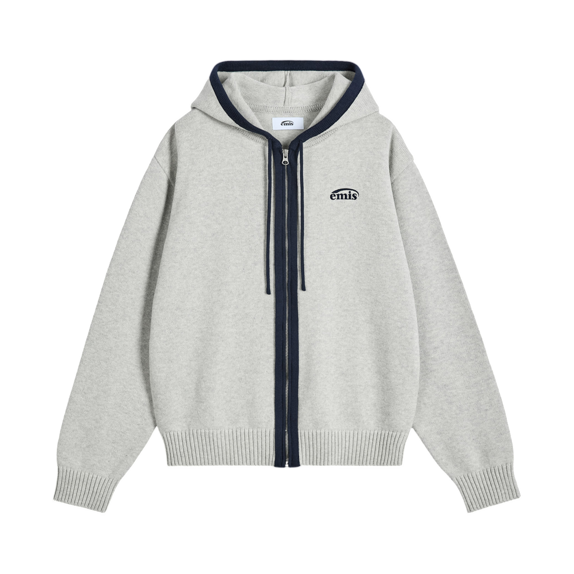 이미스 컬러 블록 니트 후드 집업 멜란지 그레이(Emis Color Block Knit Hood Zip Up Melange Gray)