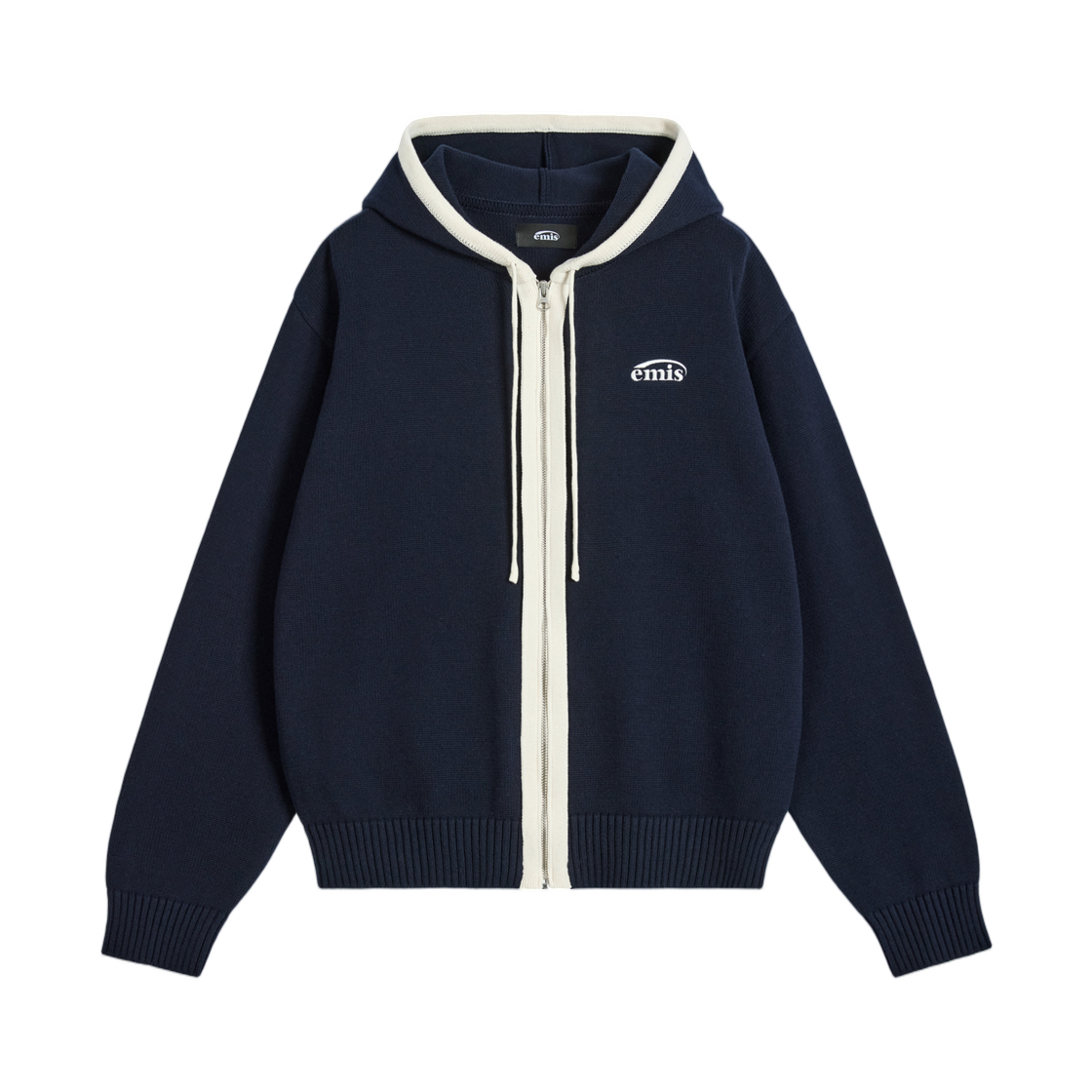 이미스 컬러 블록 니트 후드 집업 네이비(Emis Color Block Knit Hood Zip Up Navy)