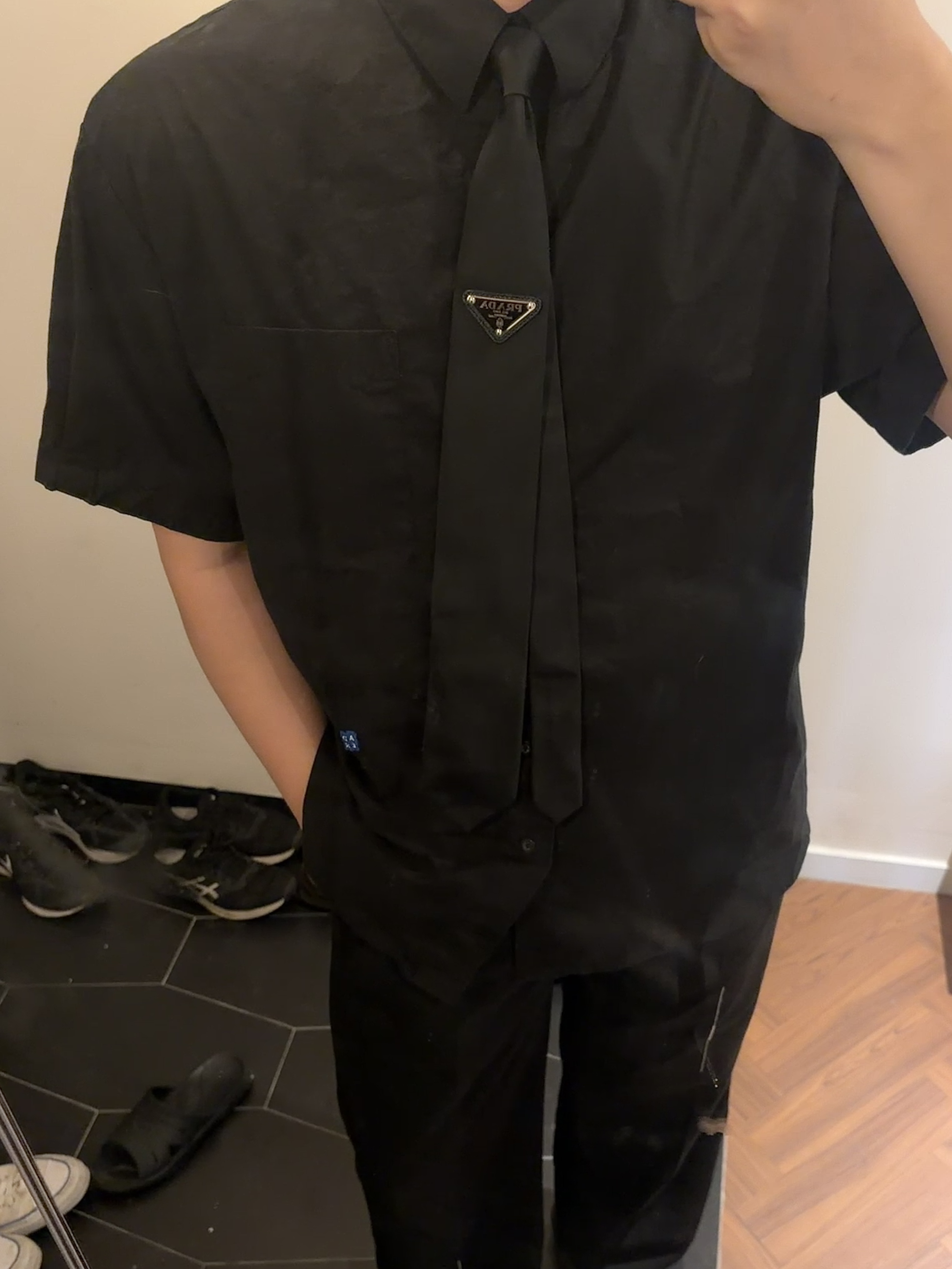 Ader Error Sig; BL Tag Half Sleeve Shirt 01 White, Zara x Ader Error Wide Pants Black 착용 스타일 - 4