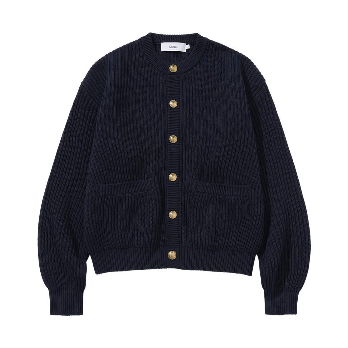 니티드 헤비 와플 골드 버튼 라운드 가디건 네이비(Knitted Heavy Waffle Gold Button Round Cardigan Navy)
