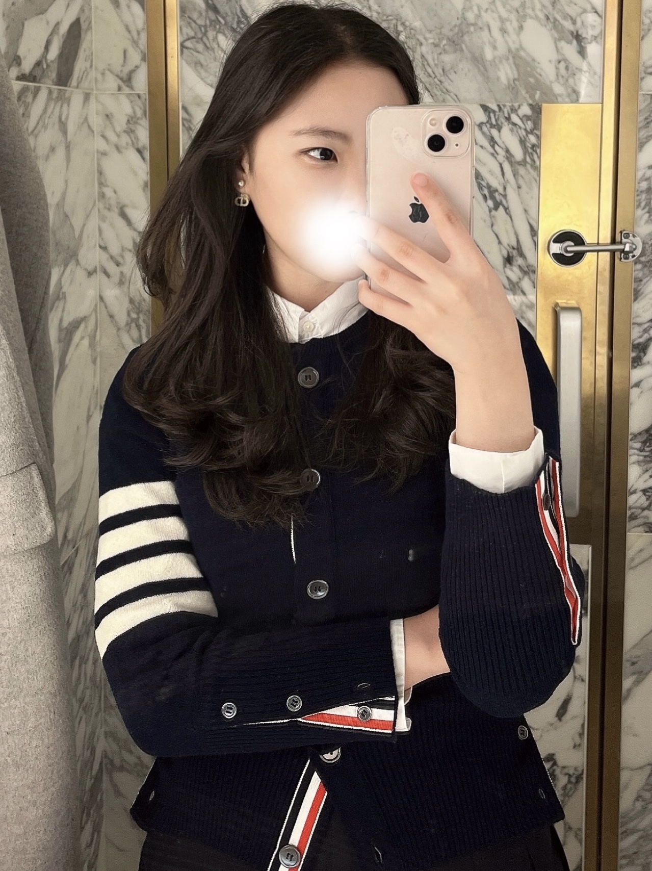 (W) Dior Tribales Earrings Gold Finish Metal White Resin Pearls Silver Tone Crystals, (W) Thom Browne Merino Wool 4-Bar Rose Icon Cardigan Navy 착용 스타일 - 1