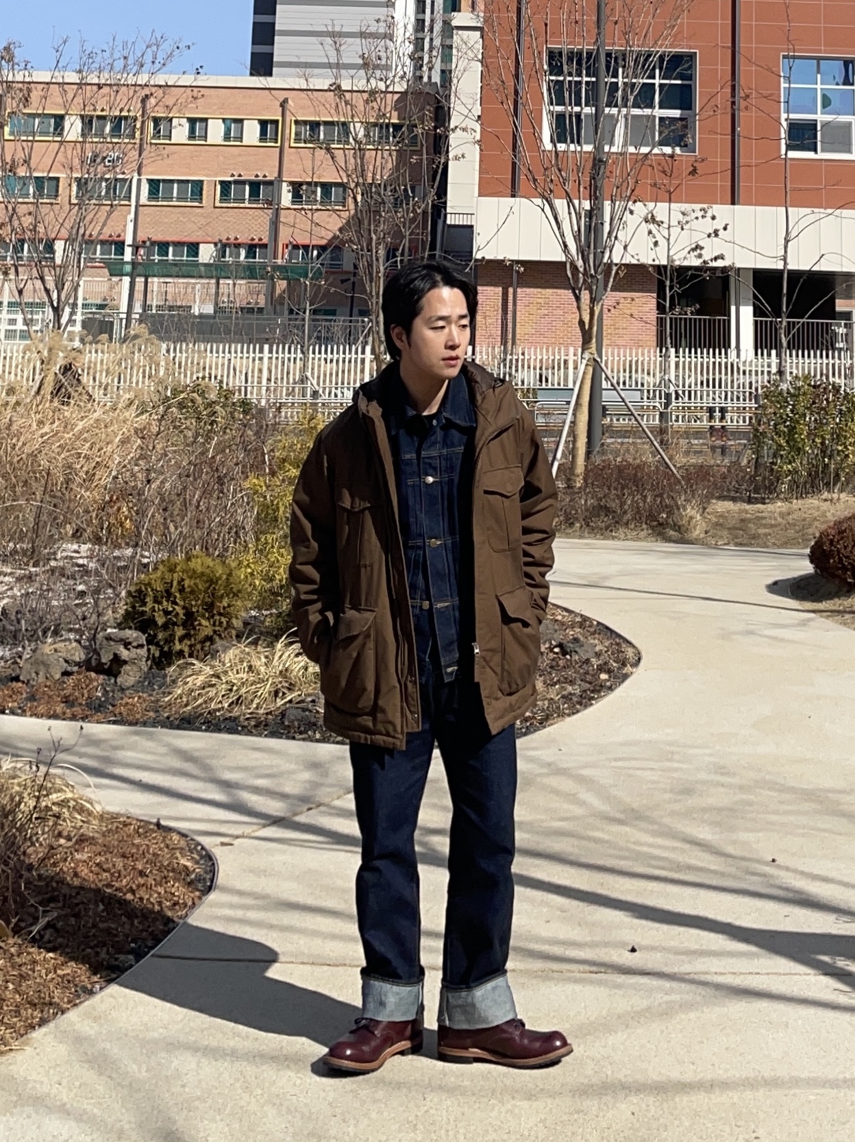 Red Wing Beckman Boots Black Cherry Excalibur - D, Uniqlo x Engineered Garments Pufftech Utility Jacket Brown 착용 스타일