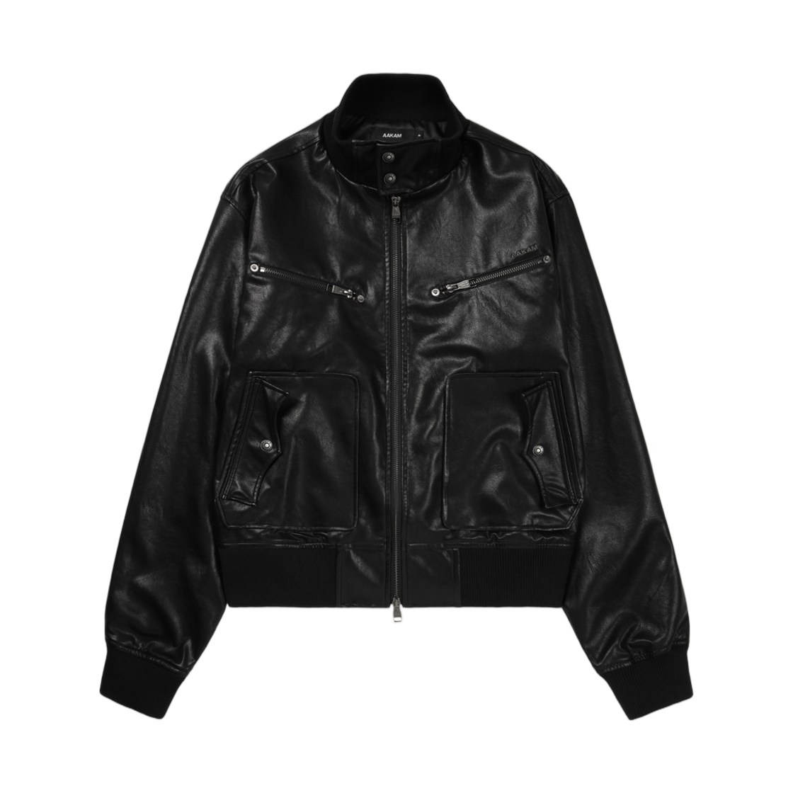 아캄 하이넥 레더 자켓 블랙(Aakam High Neck Leather Jacket Black)