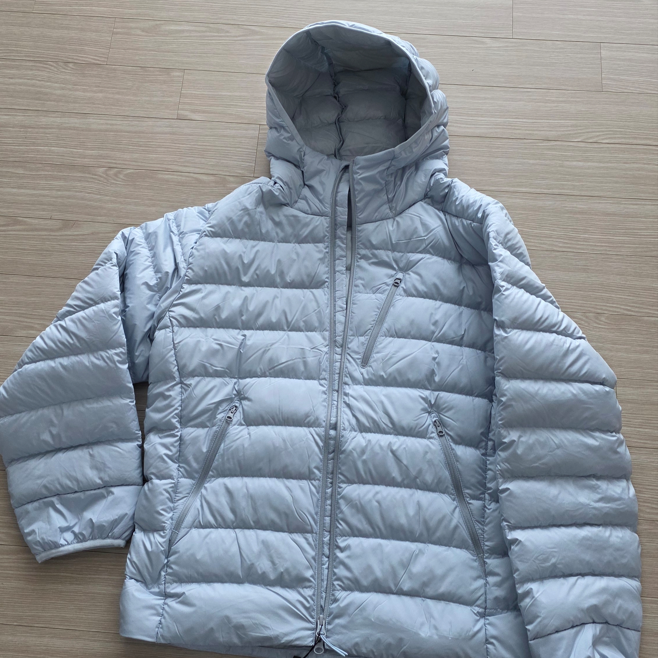 Musinsa Standard City Leisure Hooded Light Down Jacket Cloudy Blue 착용 스타일