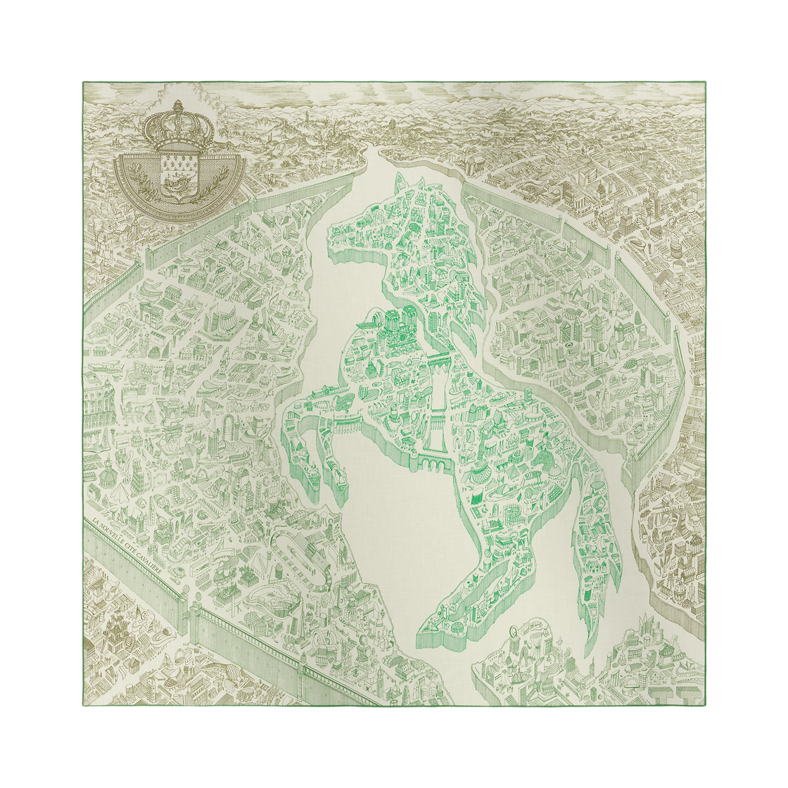 H244273S08 (W) Hermes La Nouvelle Cite Cavaliere Shawl 140 Cashmere Silk & Blanc Vert Vif Kaki