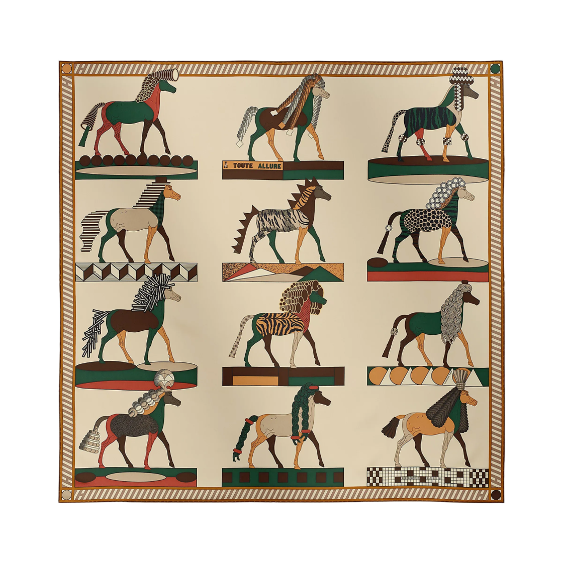 H004237S01 (W) Hermes A Toute Allure Scarf 90 Silk Twill & Creme Vert Chocolat
