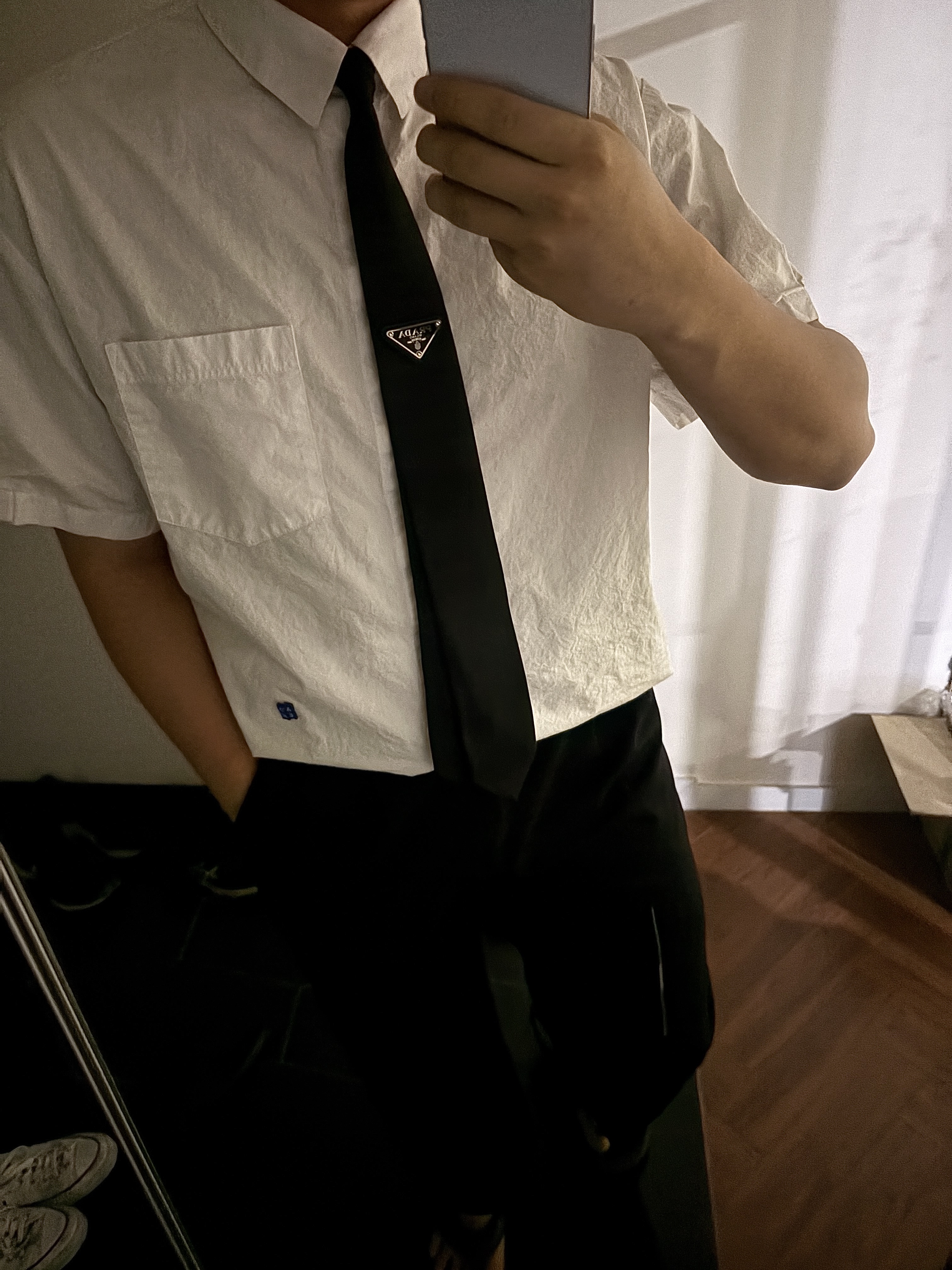 Ader Error Sig; BL Tag Half Sleeve Shirt 01 White, Zara x Ader Error Wide Pants Black 착용 스타일 - 2