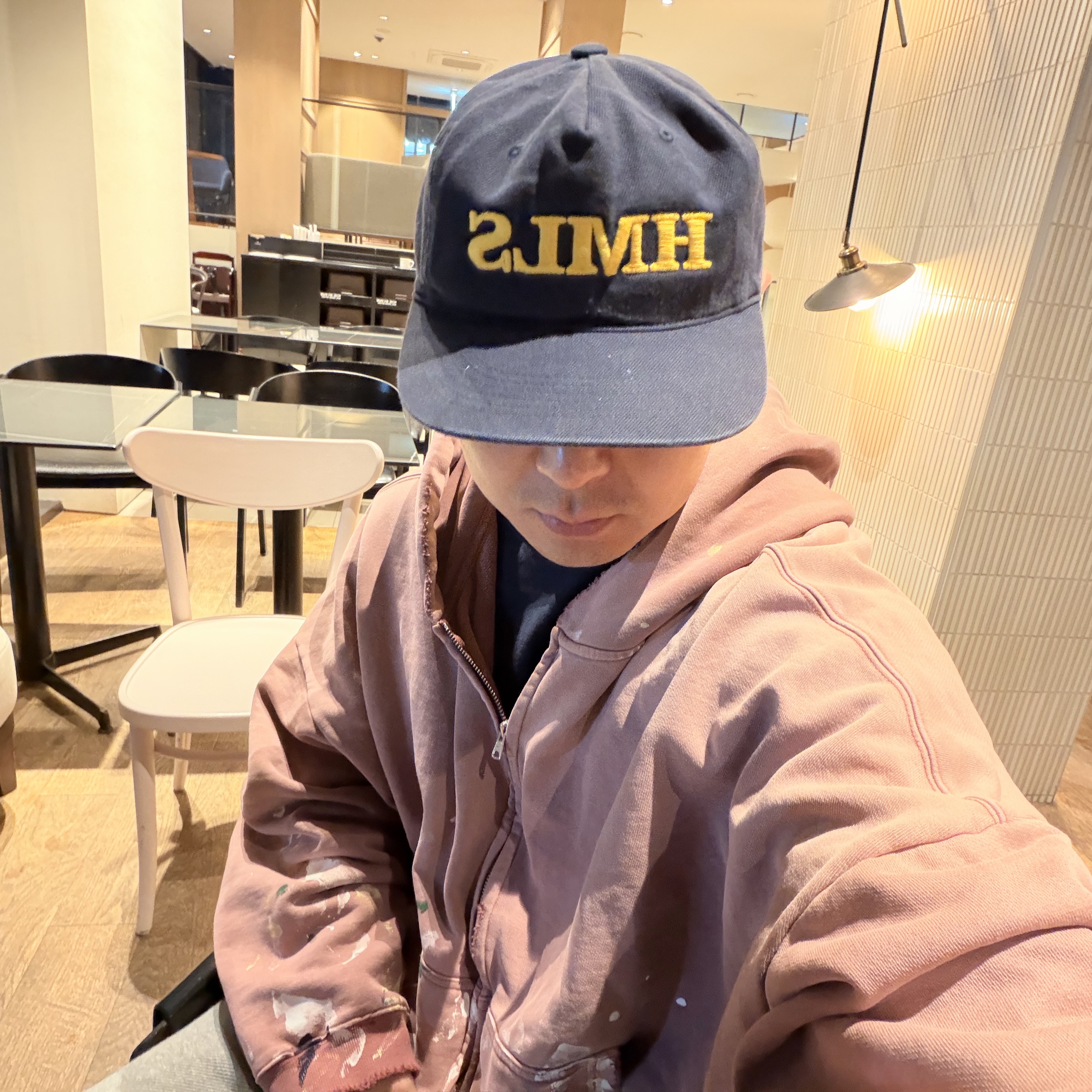 Hommless Paint Splatter VTG Zip Hoodie Washed Pink, Hommless HMLS  Vintage 5 Panel Hat Navy 착용 스타일
