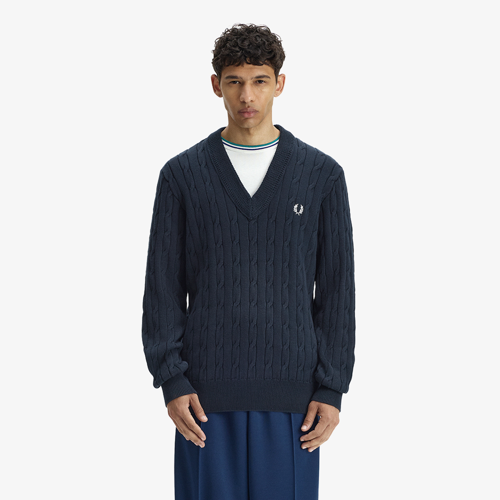 프레드페리 케이블 니트 브이넥 스웨터 네이비(Fred Perry Cable Knit V-Neck Sweater Navy) - 2