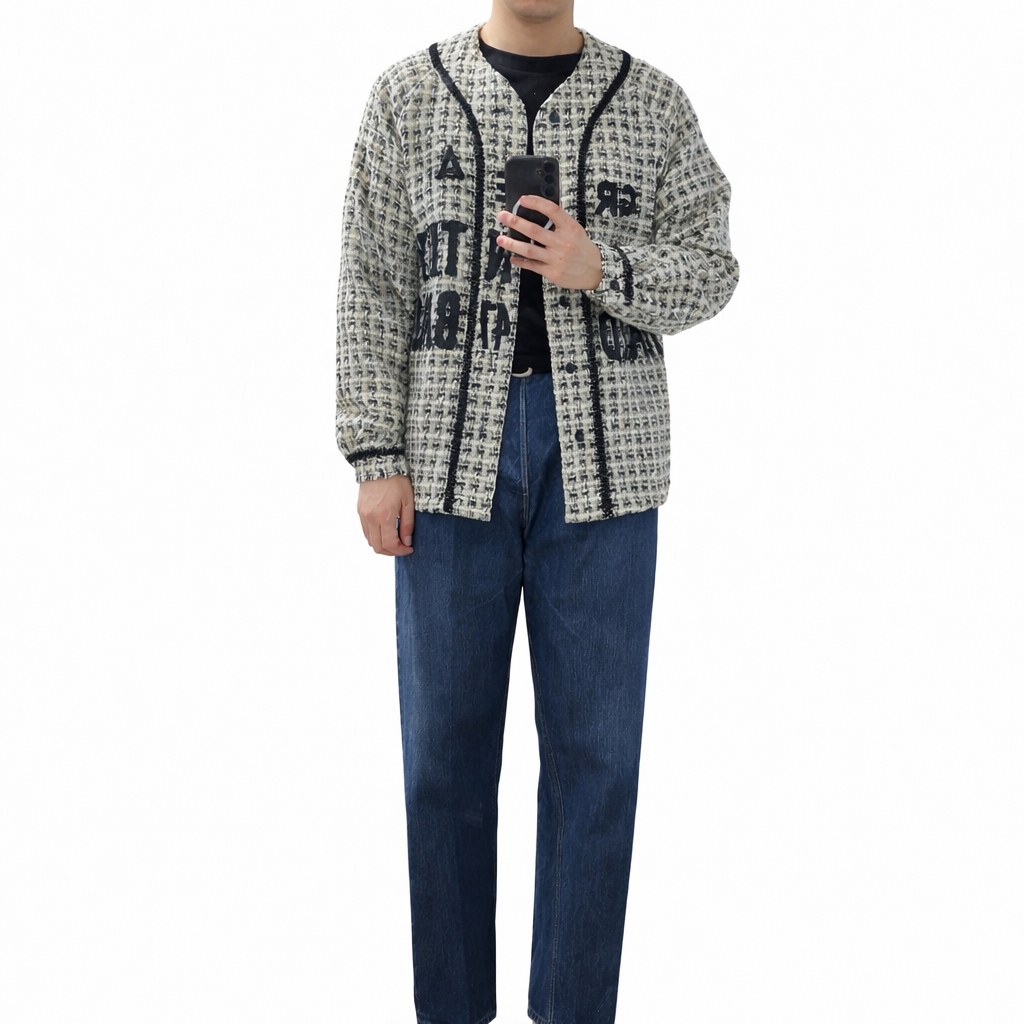 Kapital Fancy Tweed Great Kountry Baseball Long Sleeve Shirt White 착용 스타일