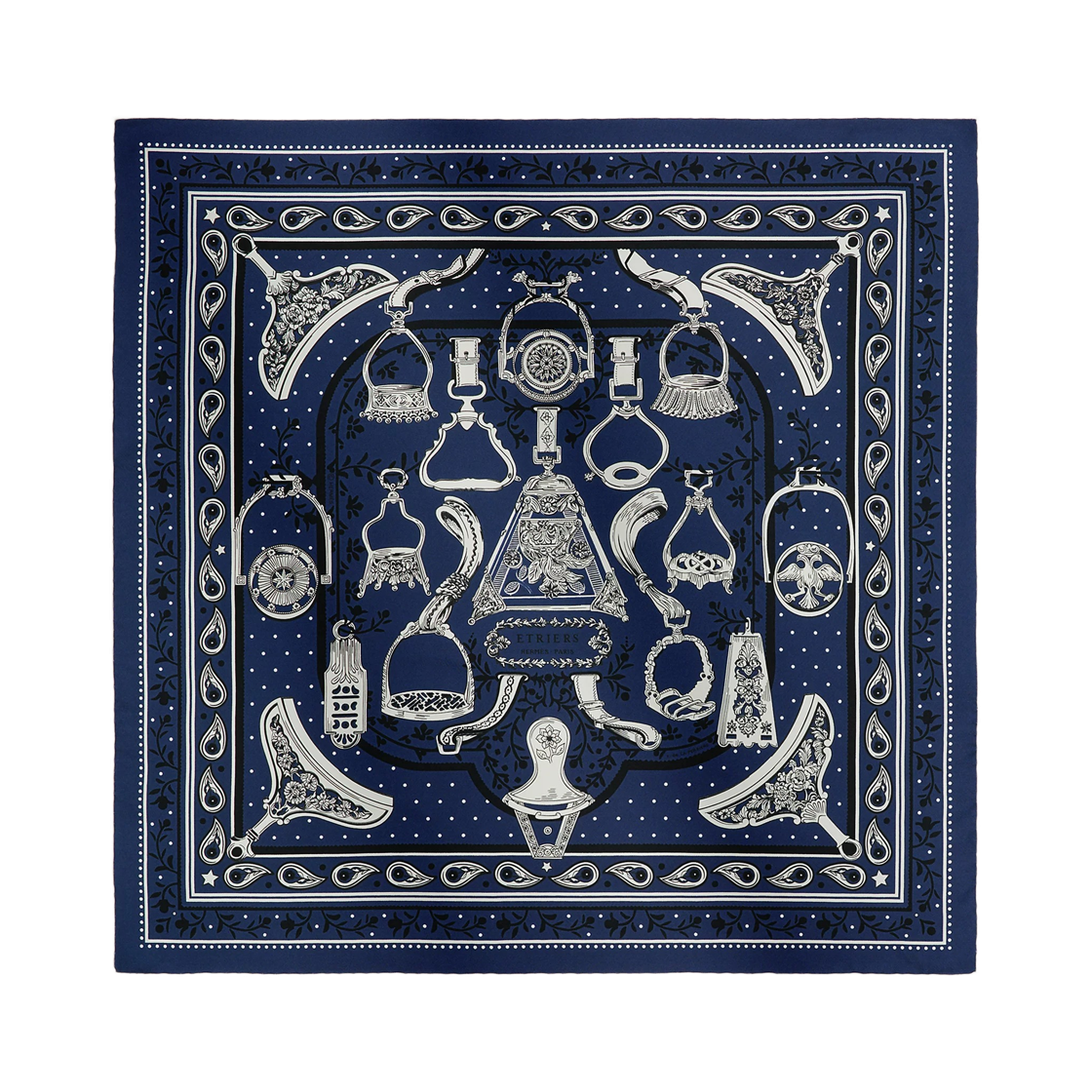 H044351S01 (W) Hermes Etriers Remix Bandana 55 Silk Twill & Marine Blanc Noir