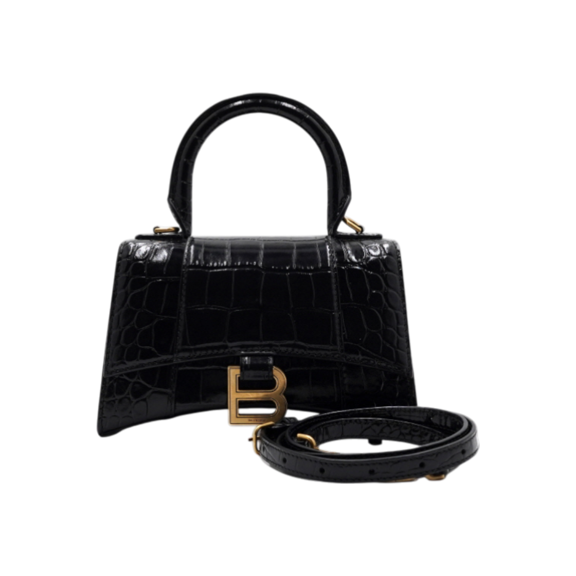 ITD5O742IOFQ Balenciaga Hourglass XS Black Top Handle Tote Bag with Gold Logo