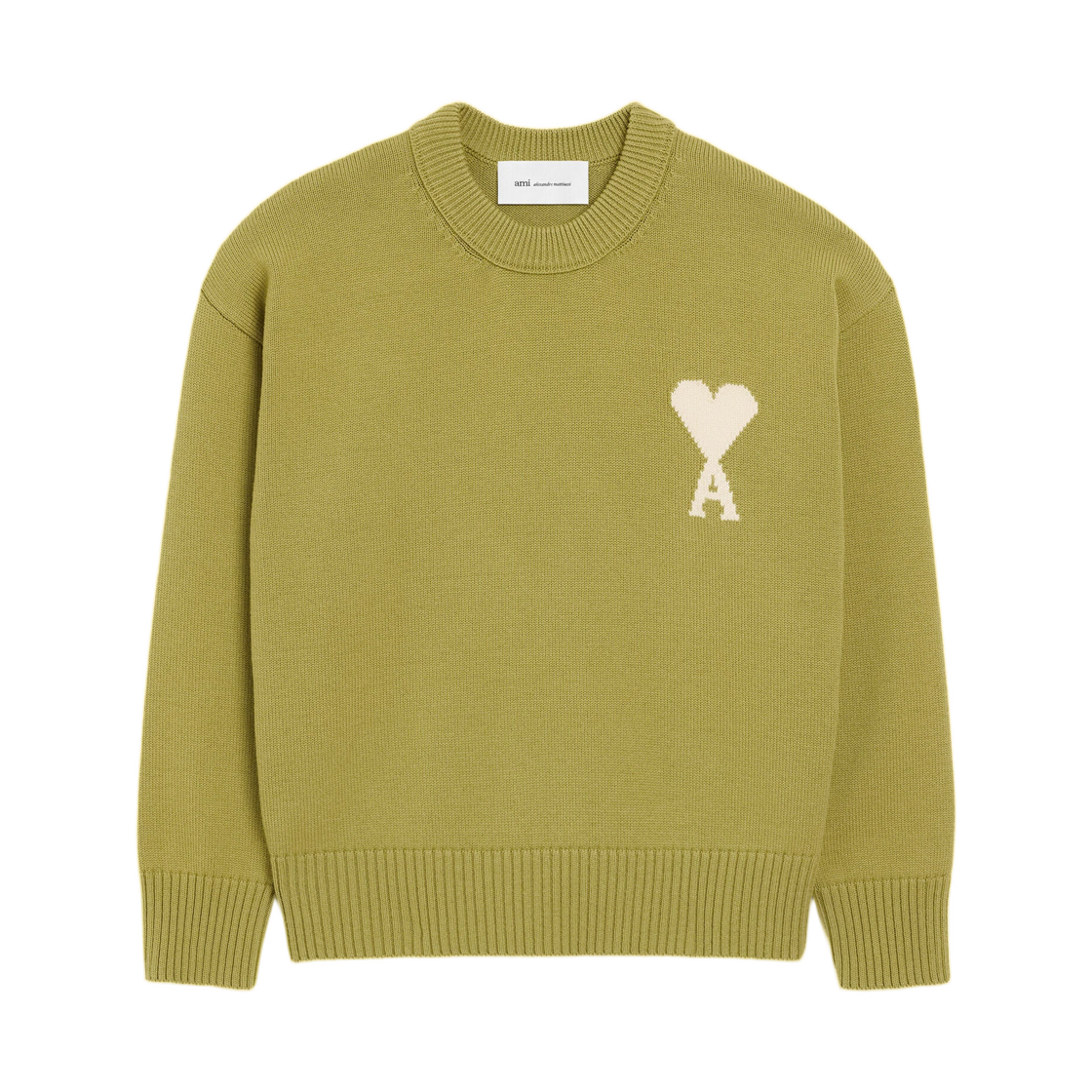 UKS859-KN0156-A118 AMI Green Wool and Cotton Crewneck Ami De Coeur Sweater Matcha Off White