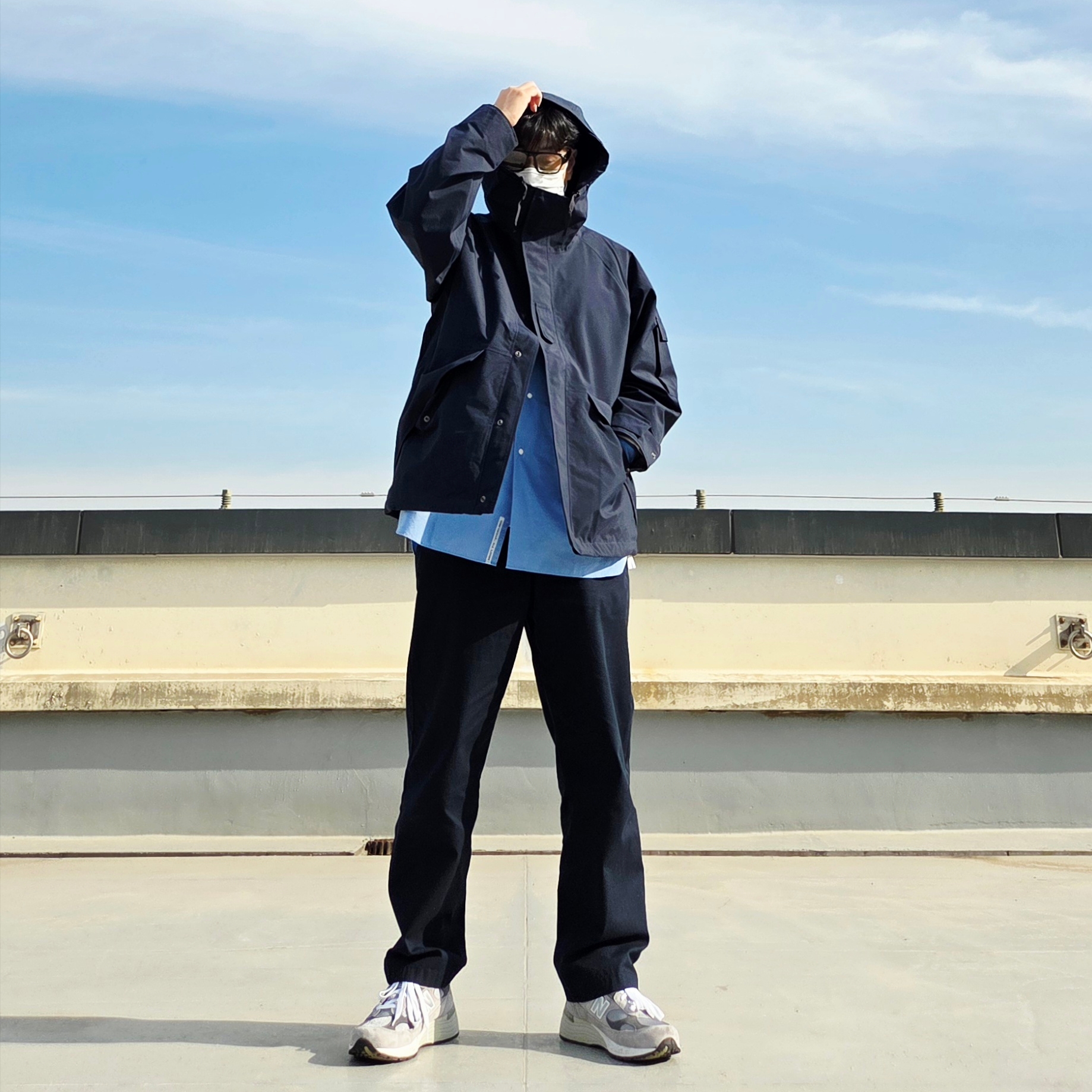 Nanamica 2L Nylon Gore-Tex Cruiser Jacket Navy, Nanamica Regular Collar Wind Shirt Sax 착용 스타일 - 1