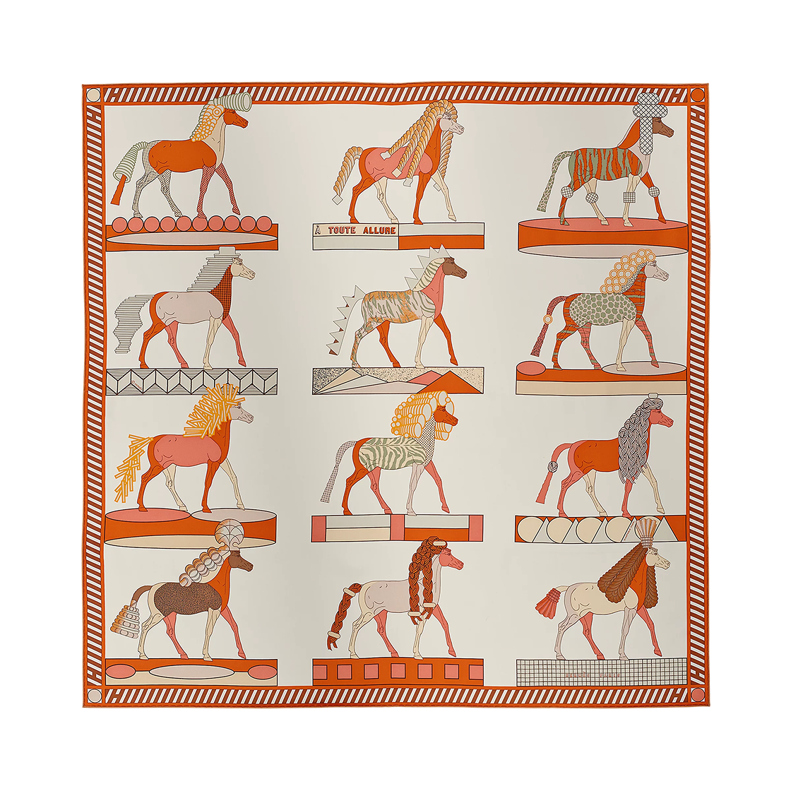 H004237S07 (W) Hermes A Toute Allure Scarf 90 Silk Twill & Blanc Orange Cuit Gris